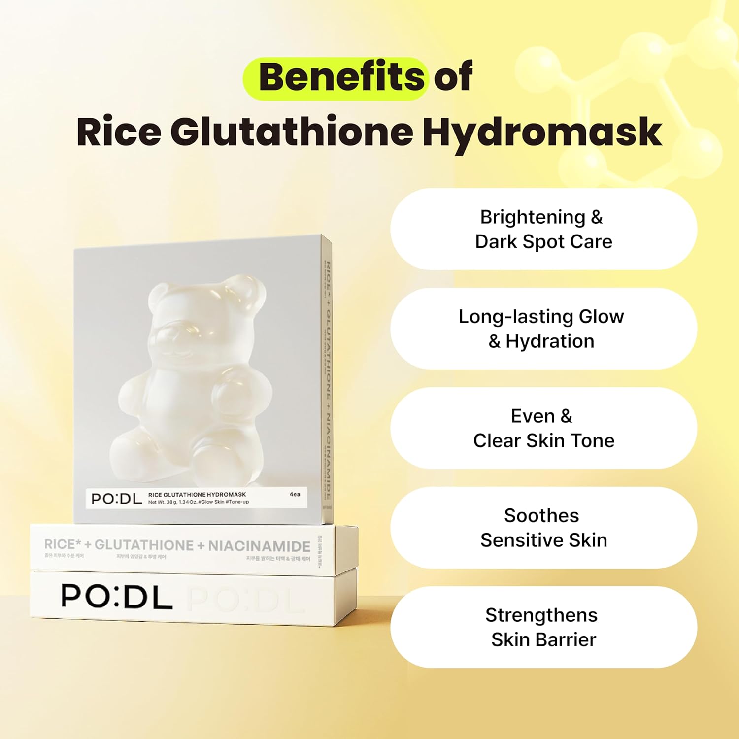 PO:DL Rice Glutathione Tone-Up Hydro Mask (38g, 4ea) | Brightening, Dark Spot Care & Even Skin Tone | 5% Niacinamide Glow Boost | Sensitive Skin Friendly | Korean Face Mask