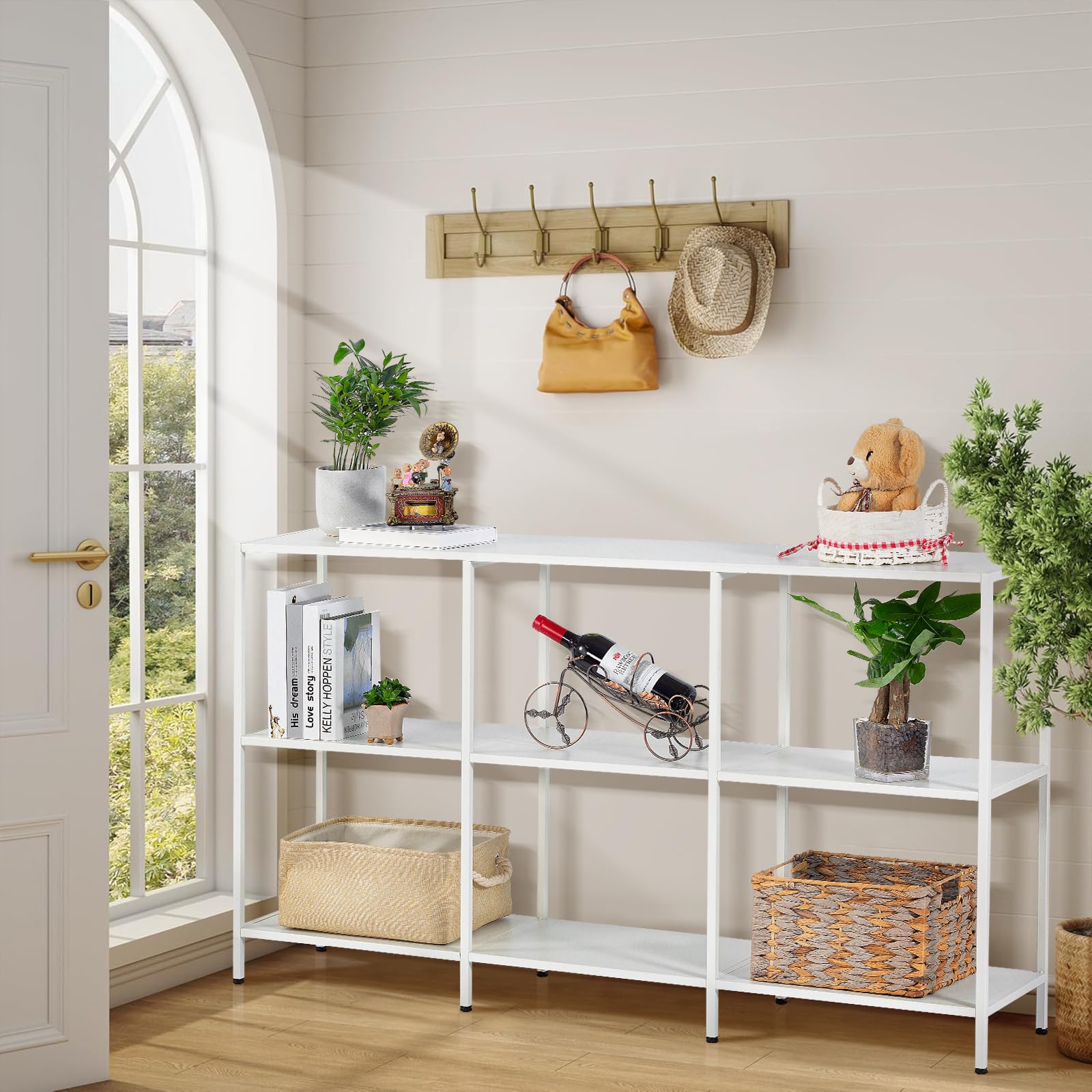 HDANI Mesa de sofá consola de 140 cm con 3 estantes, mesa de entrada estrecha con marco de metal, mesa industrial detrás de mesas de sofá, moderno soporte de TV para pasillo, sala de estar, dormitorio