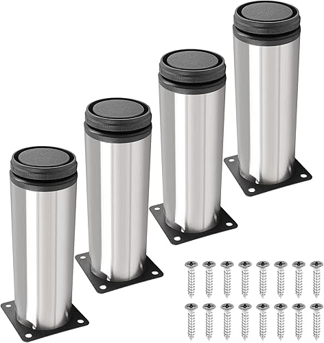 Miniatura 6 de suiwotin 4 patas de muebles de acero inoxidable de 10 pulgadas (9.843 in), patas ajustables plateadas, patas de mesa cilíndricas de metal, patas de