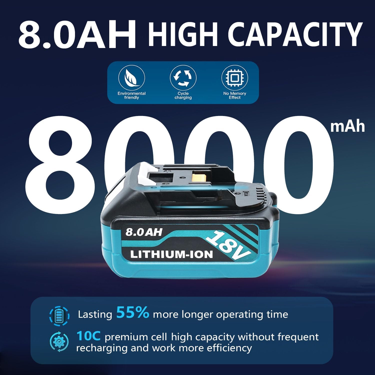 Upgraded 8.0Ah Replacement for Makita 18V Battery Compatible for Makita 18V Batteries BL1860B BL1815B BL1830B BL1850B BL1840B Cordless Tools (Blue) - Image 2
