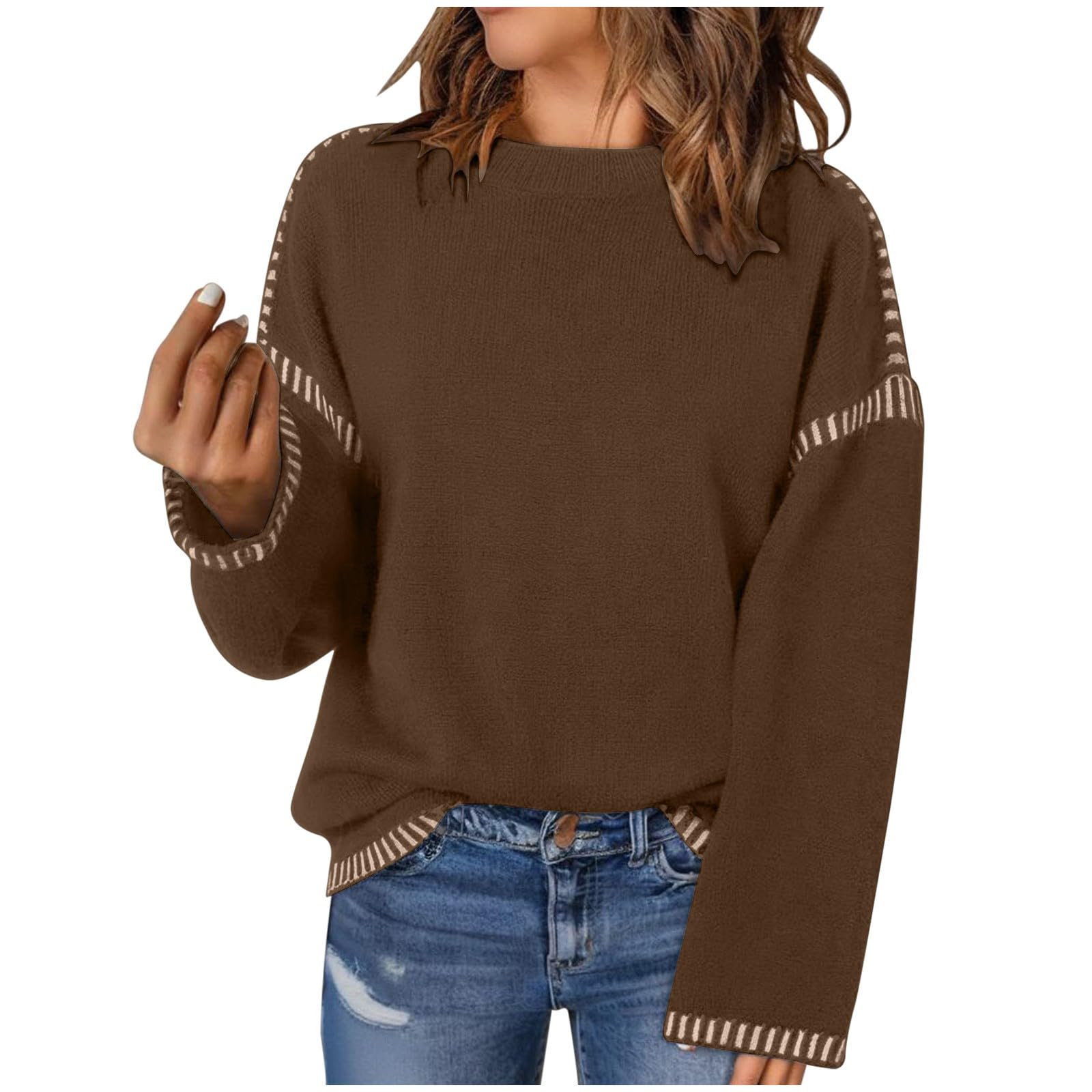 Womens Oversized Cable Knit Crewneck Fall Pullover Sweaters Long Sleeve Solid Color Casual Loose Winter Sweater