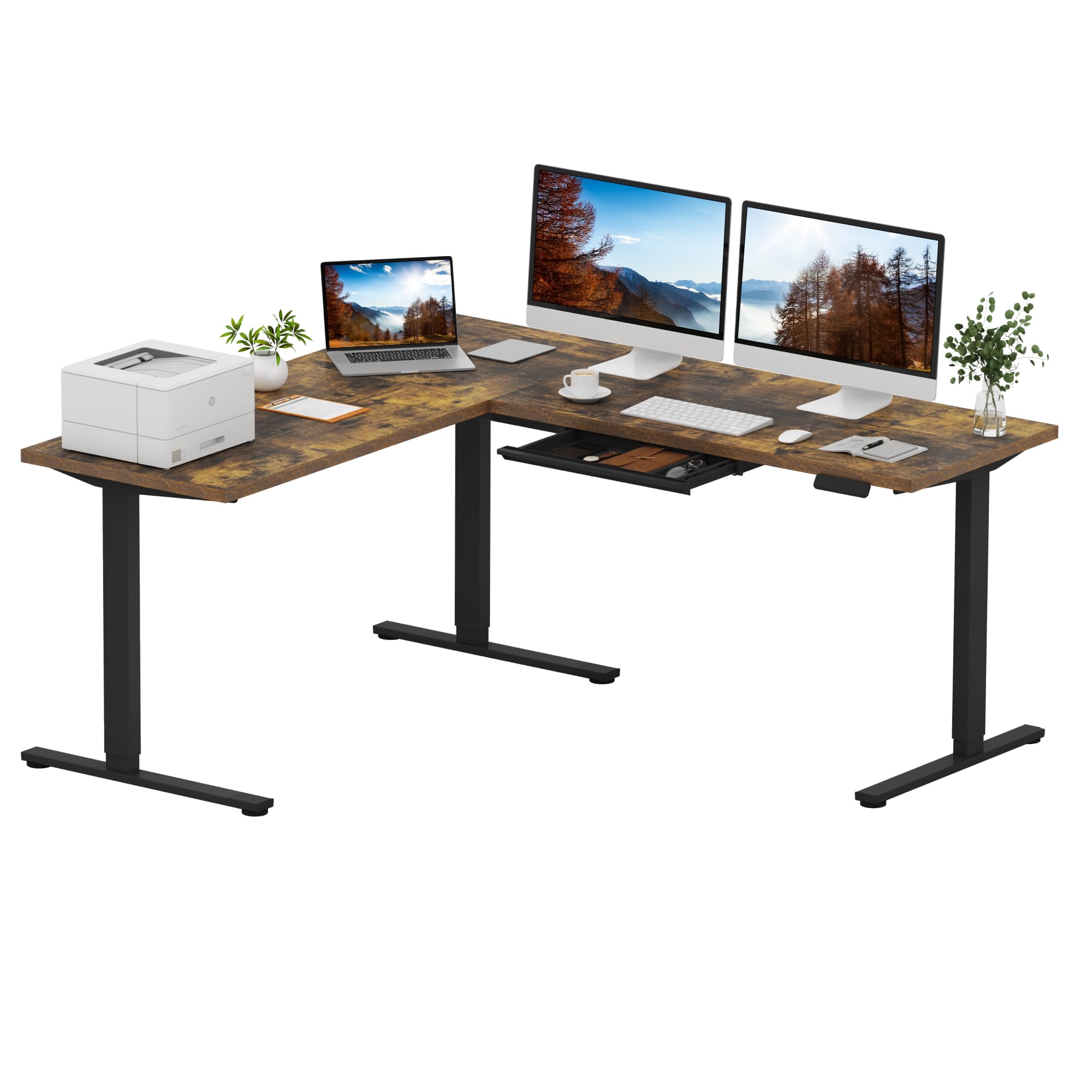 SANODESK L Shaped Electric Standing Desk with Drawer, 71 Inch Ergonomic Adjustable Height Desk with Storage, Corner Desk Sit Stand up Computer Table
