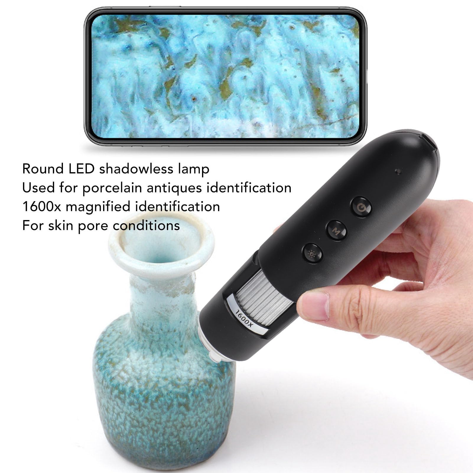 Drahtloses Digitales Mikroskop, Hauthaardetektor mit 1600-facher Vergrößerung, Tragbare WiFi-Handmikroskope, HD-Lupe mit LED-Licht, Hautanalysator
