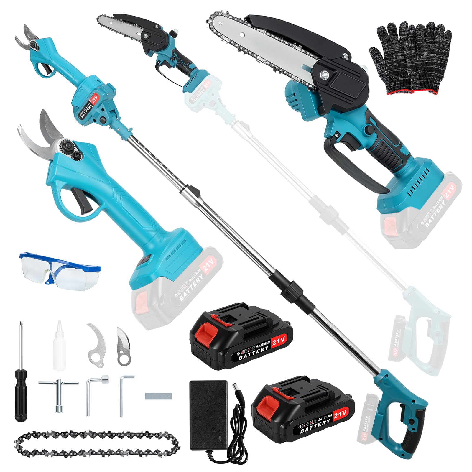 3 in 1 Cordless Pole Chainsaw with Extension Pole, Electric Pole Saw with 2X 21V 1500mAh Batteries and Charger, Long Reach Tree Pruner Mini Chainsaw for High Branch Trimming (Blue)