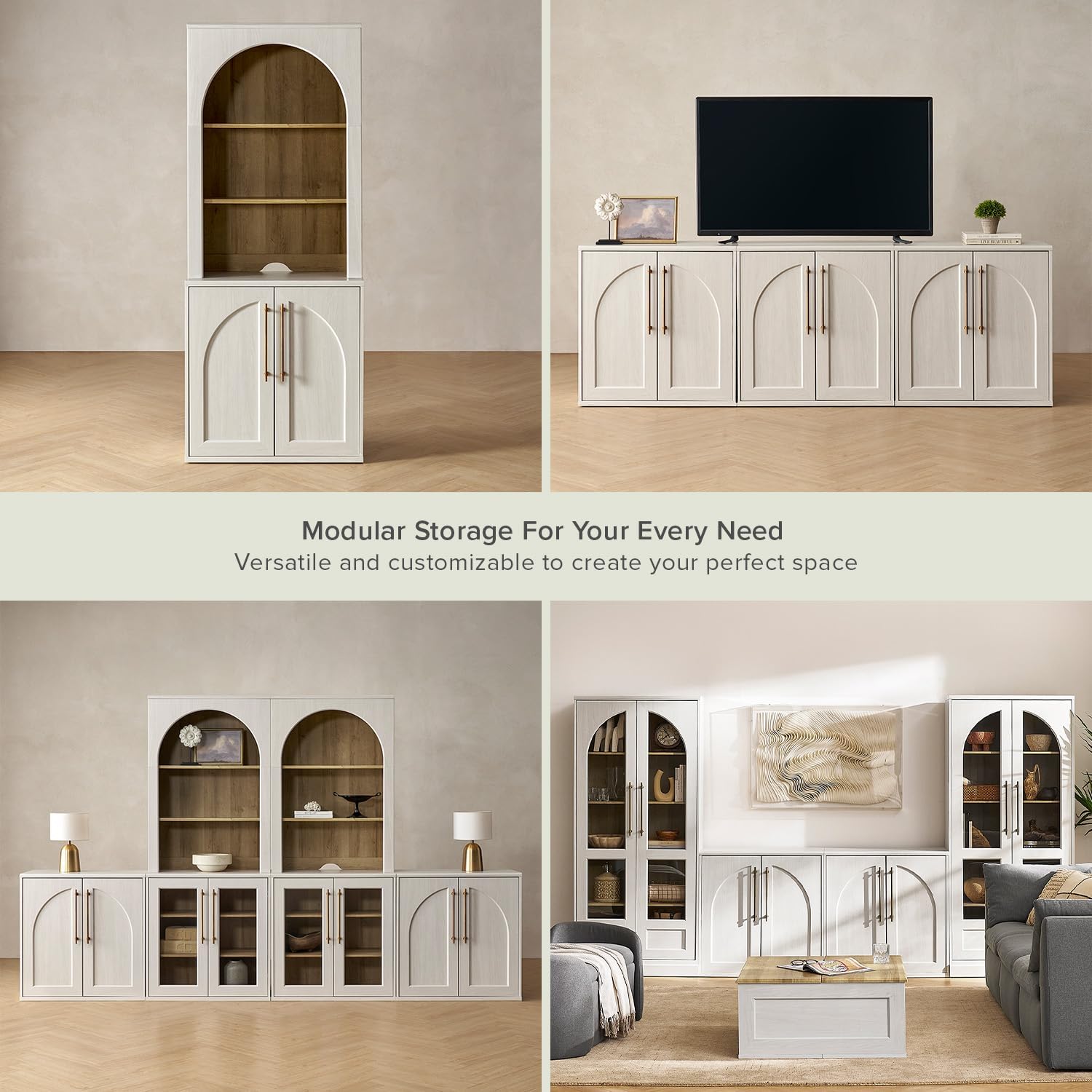 mopio Blake Storage Cabinet, Small Modular Accent Display Sideboard Buffet Cabinet with Storage, Media Console Credenza, for Kitchen, Coffee Bar, Pantry, Living Room (White Oak Arched, Single)