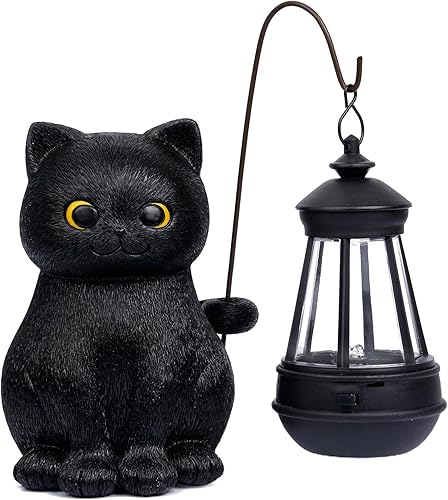 Miniatura 7 de Hkojewp Estatua solar de jardín, estatuas de gato negro, decoración de jardín con luz LED, estatua al aire libre para patio, balcón, césped, adorno