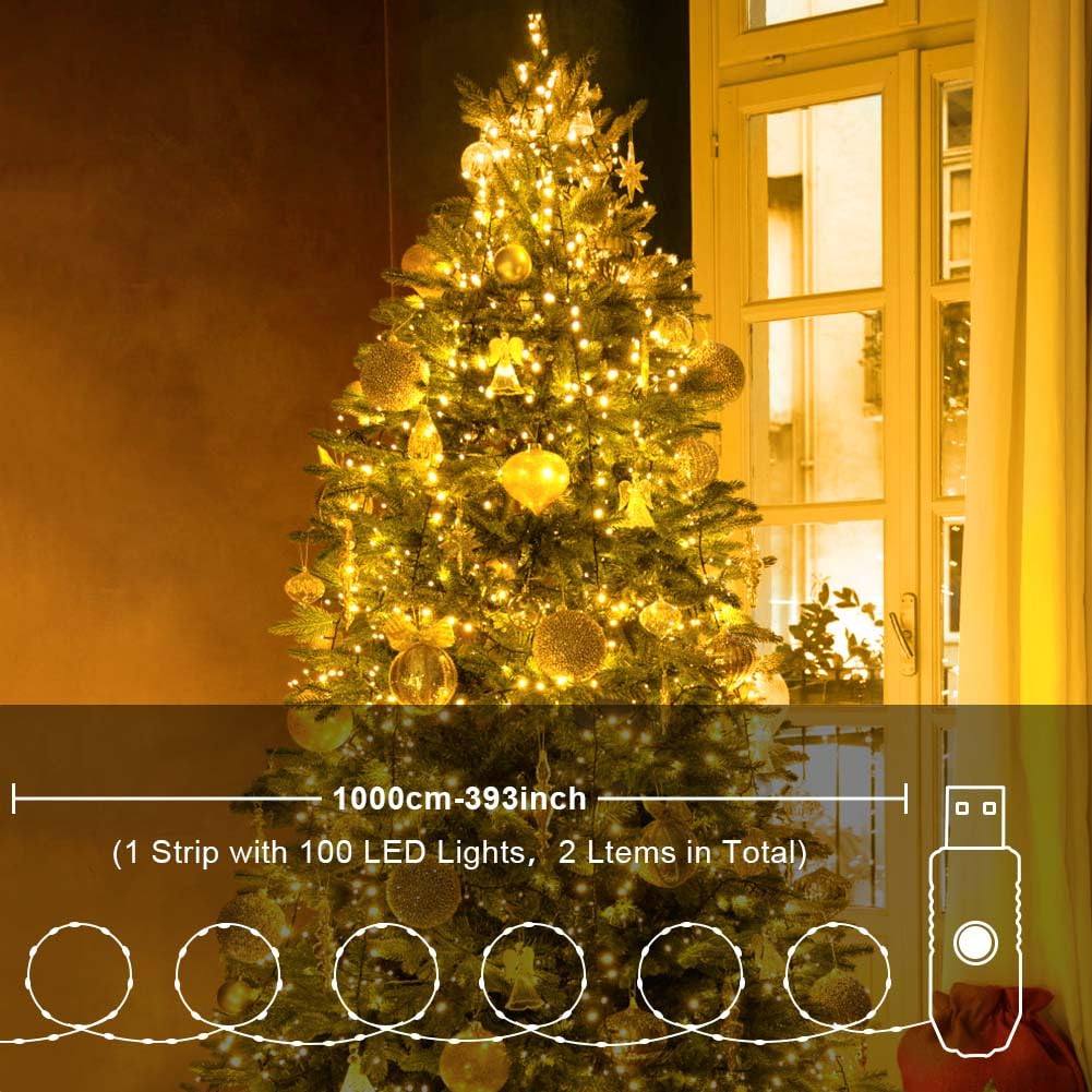 Vicloon Cadena de luces LED USB, 2 unidades, con mando a distancia, 10 m, 100 LED, 8 modos y temporizador, mini cadena de luces LED para Navidad, dormitorio, fiesta, boda, jardín