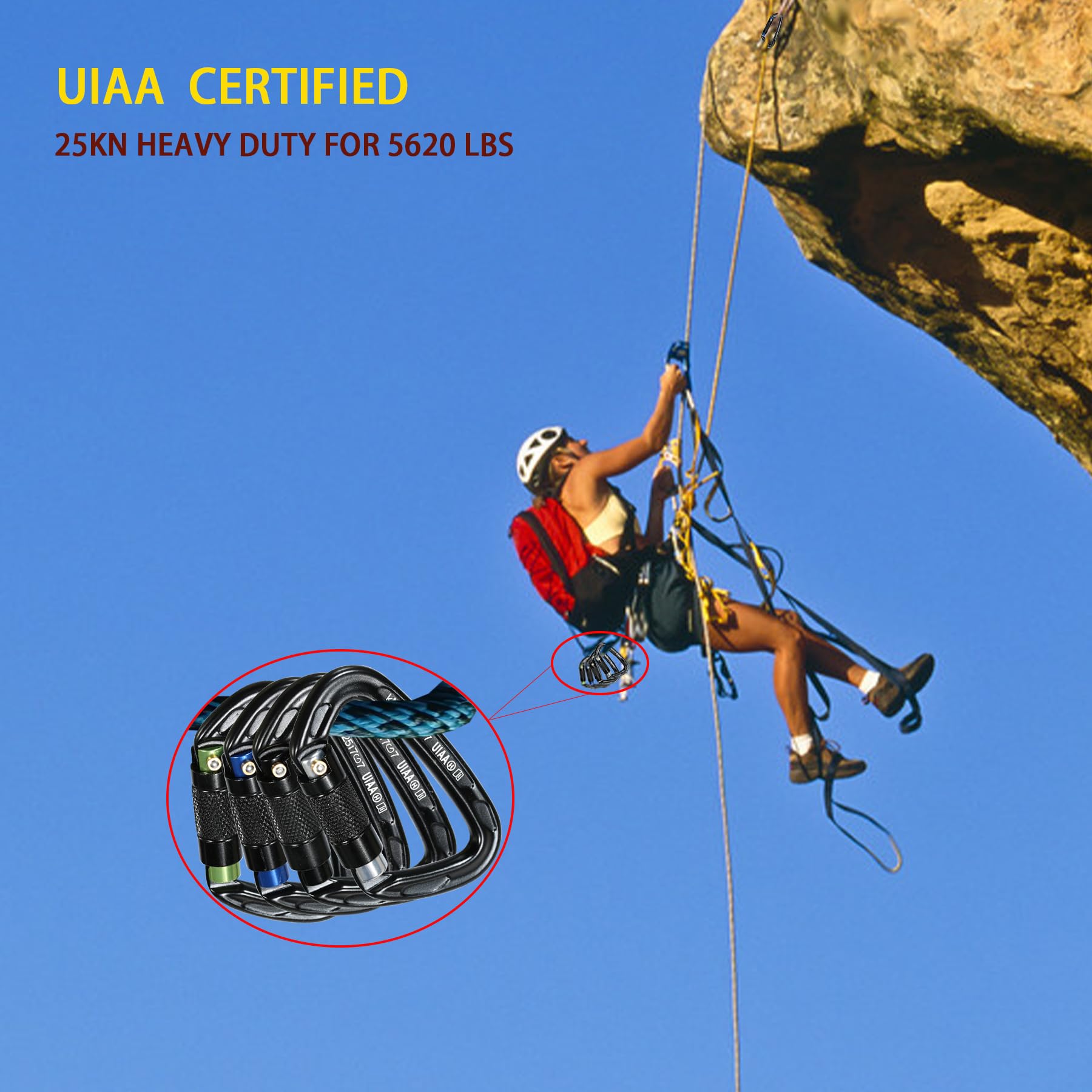 UIAA - Mosquetón de escalada con bloqueo automático de 25 KN, forma de D, bloqueo giratorio y mosquetones resistentes para escalada en roca, rappel, 3.93 pulgadas, tamaño grande.