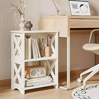 Narrow PVC 3-Tier Bedside Table: Space-Saving Bedside Table with Storage Shelf - White Slim Nightstand for Small Spaces, B...