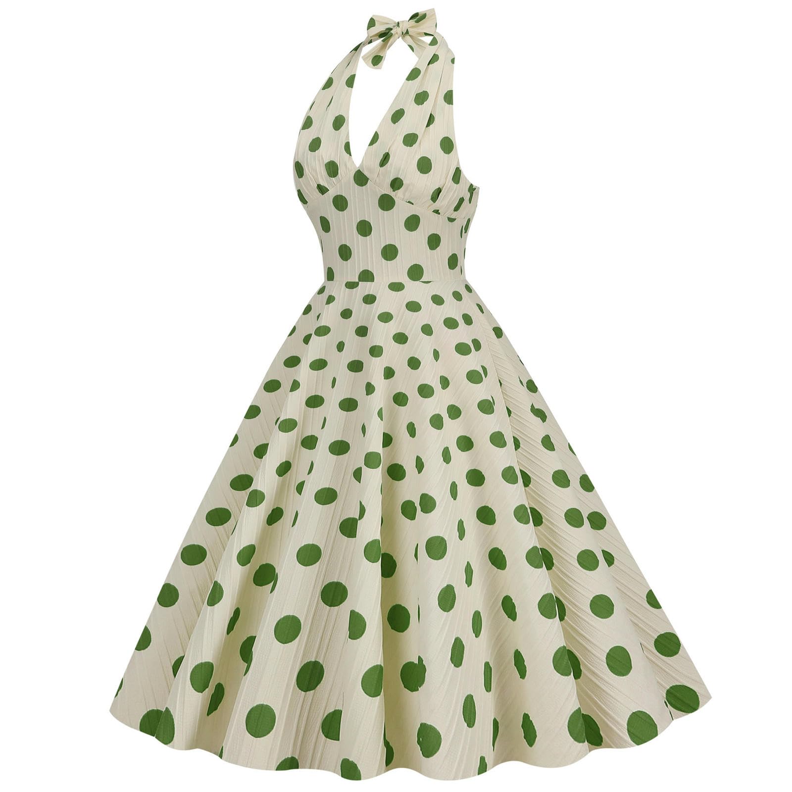 Robe de Banquet de Vacances rétro Taille Haute à Pois avec col Licou et Robe mi-Longue à Large Ourlet pour Femme - Fond Abricot Rouge à Gros Pois - XXL