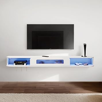 Floating TV Stand with LED Lights, 55 Solid Wood Wall Mounted TV Cabinet with Glass Door, Mid-Century Entertainment Media Console Center Large Storage Shelf Under TV 55.11IN, White