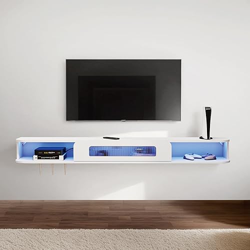 Floating TV Stand with LED Lights, 55'' Solid Wood Wall