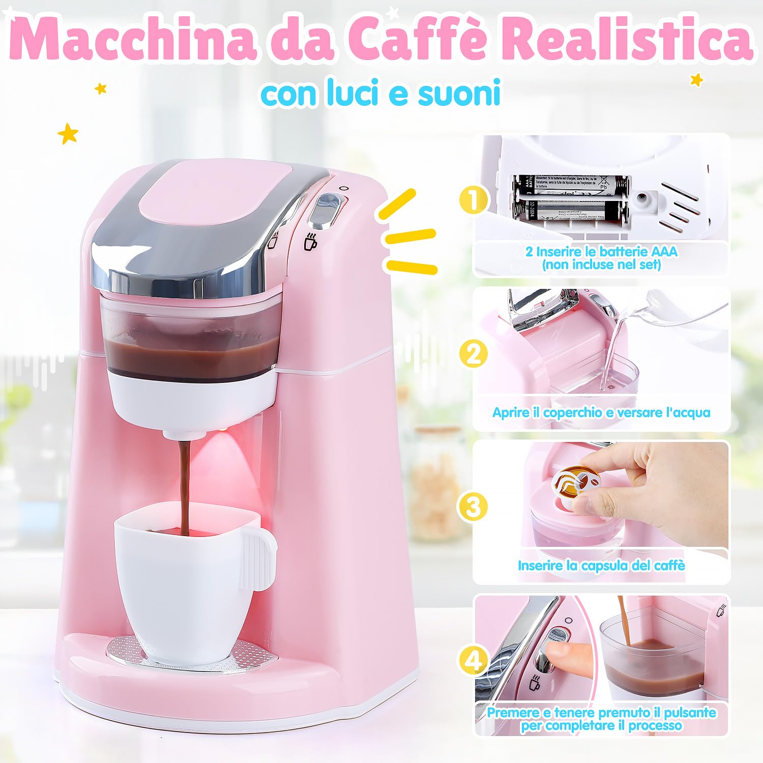 PLAY Accessori Cucina Bambini, Set di Accessori Cucina Giocattolo con Macchina Caffè Giocattolo, Mixer, Frullatore e Tostapane con Luci e Suoni, Kit Elettrodomestici Cucina per Bambini da 3+ (Rosa)