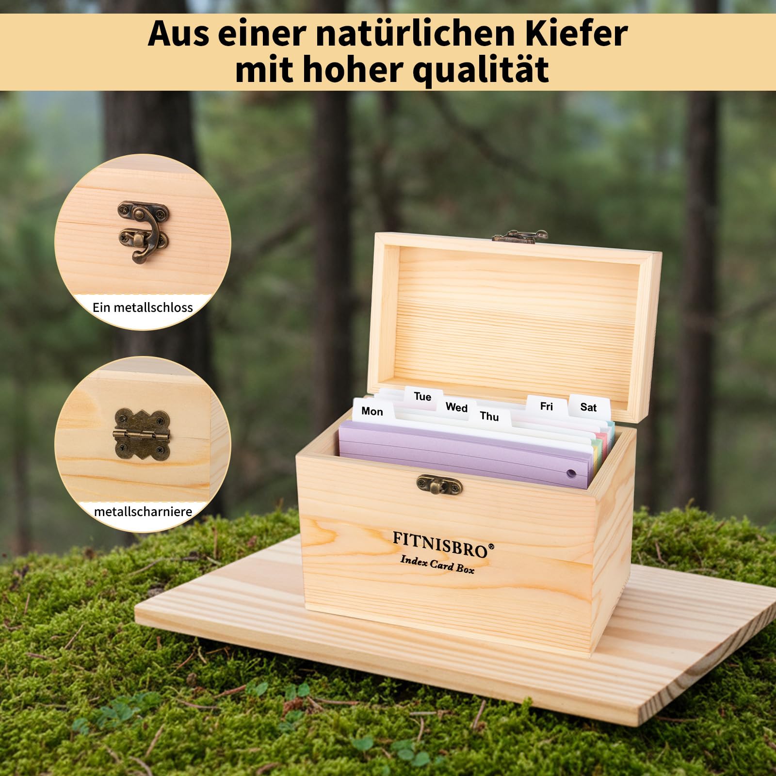 Karteikarten Box A6, 17.5 x 10 x 13cm Pinienholz KarteikartenBox, 300 linierte Notizblätter im Lieferumfang enthalten, 12 Register 6 Ringen 2 Aufkleber,für Vokabeln, Lernnotizen, Rezepte