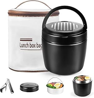 BAVATEE Lunch Box Isotherme 1,2L. Double paroi inox. Thermos Alimentaire Chaud avec Cuillère. Boite Repas Isotherme Étanche. Pour Repas, Soupes. Usage Extérieur/Bureau. (Noir)