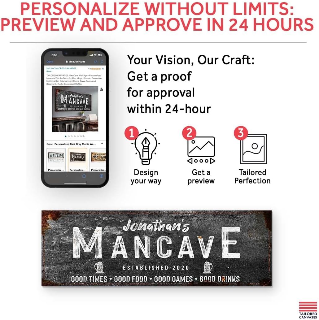 Tailored Canvases Man Cave Wall Sign - Personalized Mancave Wall Art Decor for Men, Guys - Custom Decoration for Home Bar, Entertainment Room, Game Room and Basement - Rustic Decoration 36x12in