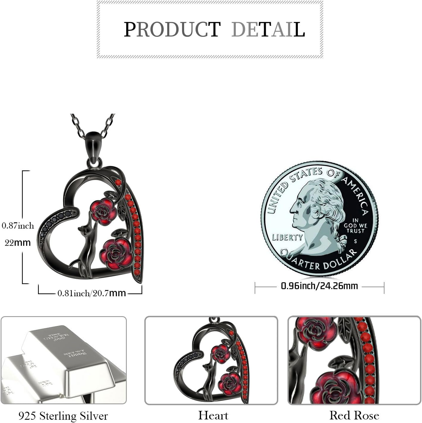 Skeleton Hand Red Rose Necklace 925 Sterling Silver Heart Halloween Pendant Necklace Gothic Jewelry - Image 6