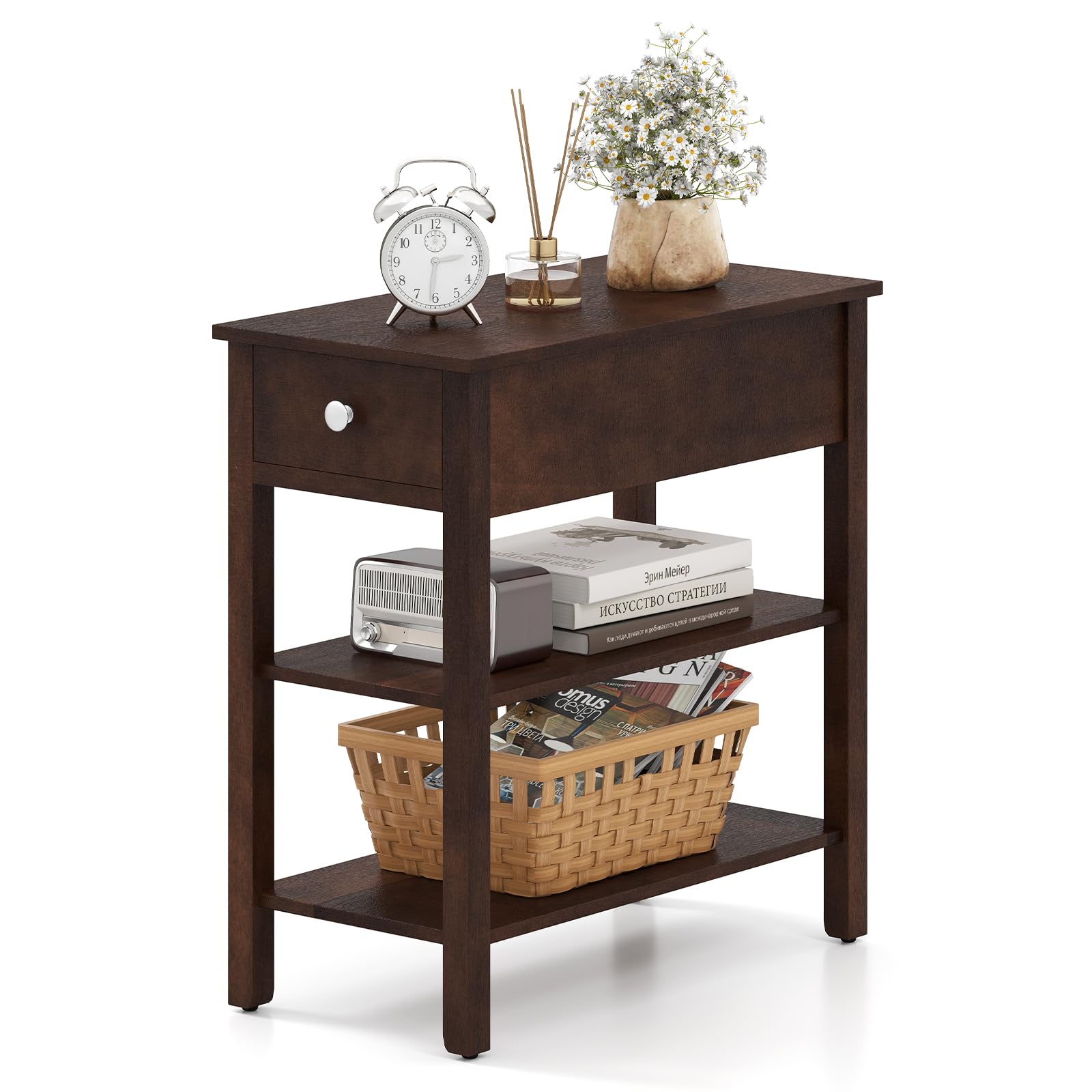 GIANTEX Narrow End Table with Drawer and Shelves