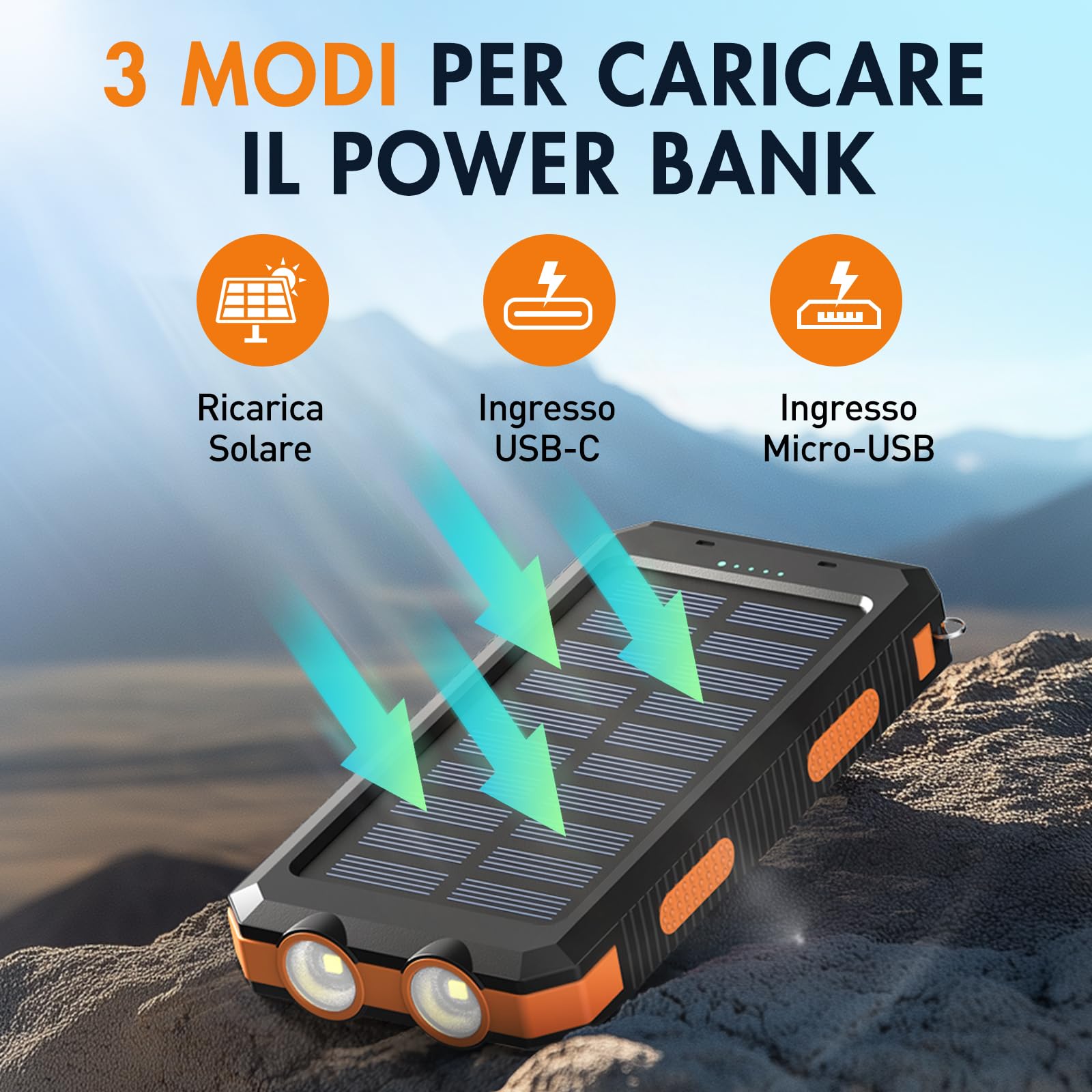 Vikeri Powerbank Solare da 9000 mAh, Power Bank Solare Impermeabile, Porta USB-C per Ricarica Rapida, con 4 uscite, per Smartphone, Tablet, ecc. (Arancione Scuro)