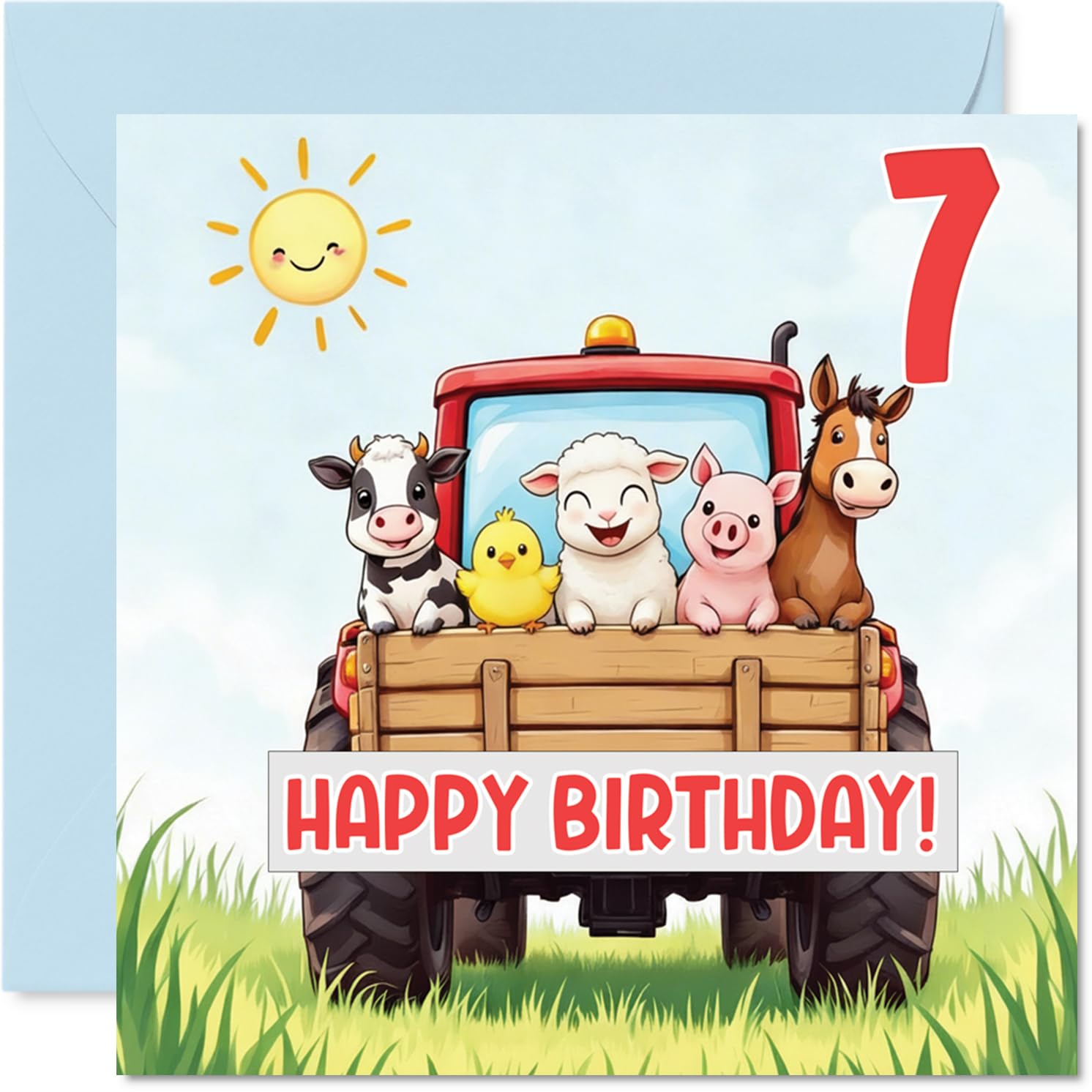 Playful 7th Birthday Card - Chipper Birthday Fun - Cartoon Animals Riding a Bright Red Tractor - 145mm Square, Envelope Included