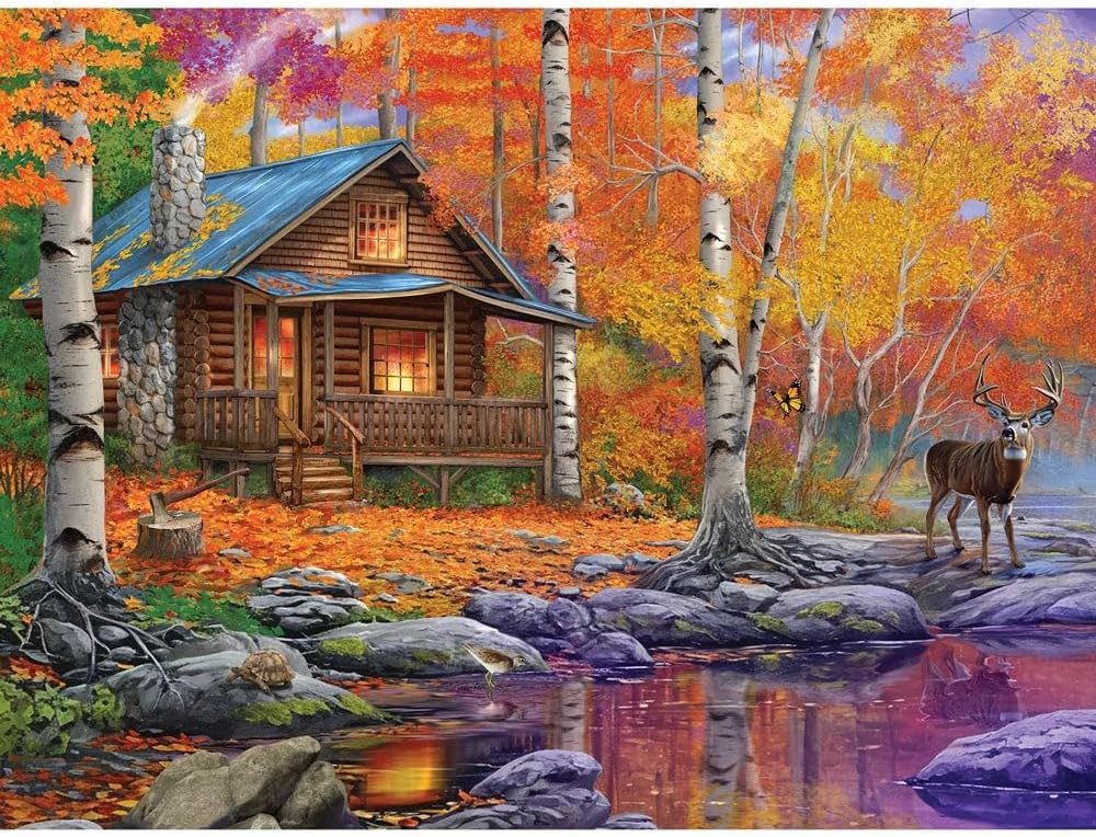 Bits and Pieces – Jigsaw Puzzle for Adults – Off The Grid by Bigelow Illustrations – Rustic Autumn Cabin in The Woods with Deer, Colorful Fall Foliage, and Unique Random Cut Pieces (500 Piece Puzzle)