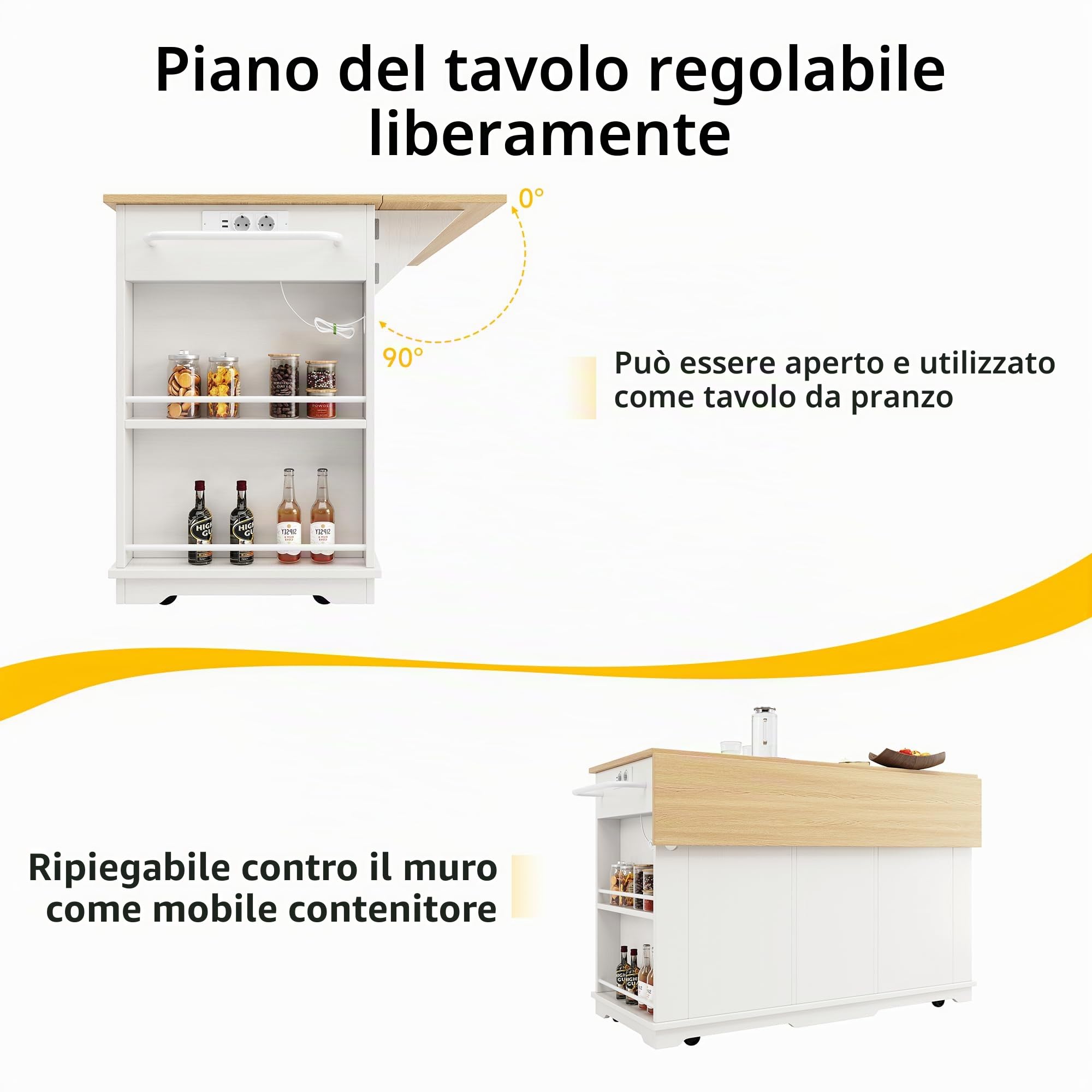 Carrello da cucina, a isola con credenza pieghevole, piano di lavoro in venature di rovere, con ciabatta attrezzata per cucina e casa (bianco, 151,5 x 84,7 x 91,7 cm)