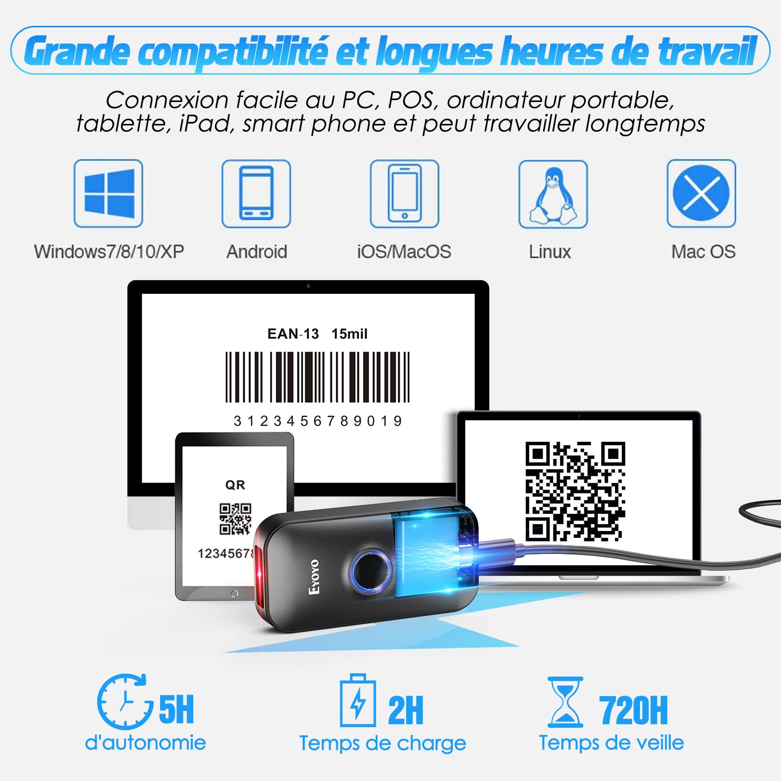 Eyoyo 2D Bluetooth Barcode Scanner, Douchette Lecteur Code Barre sans Fil 1D QR pour iPhone iPad iOS Android PC