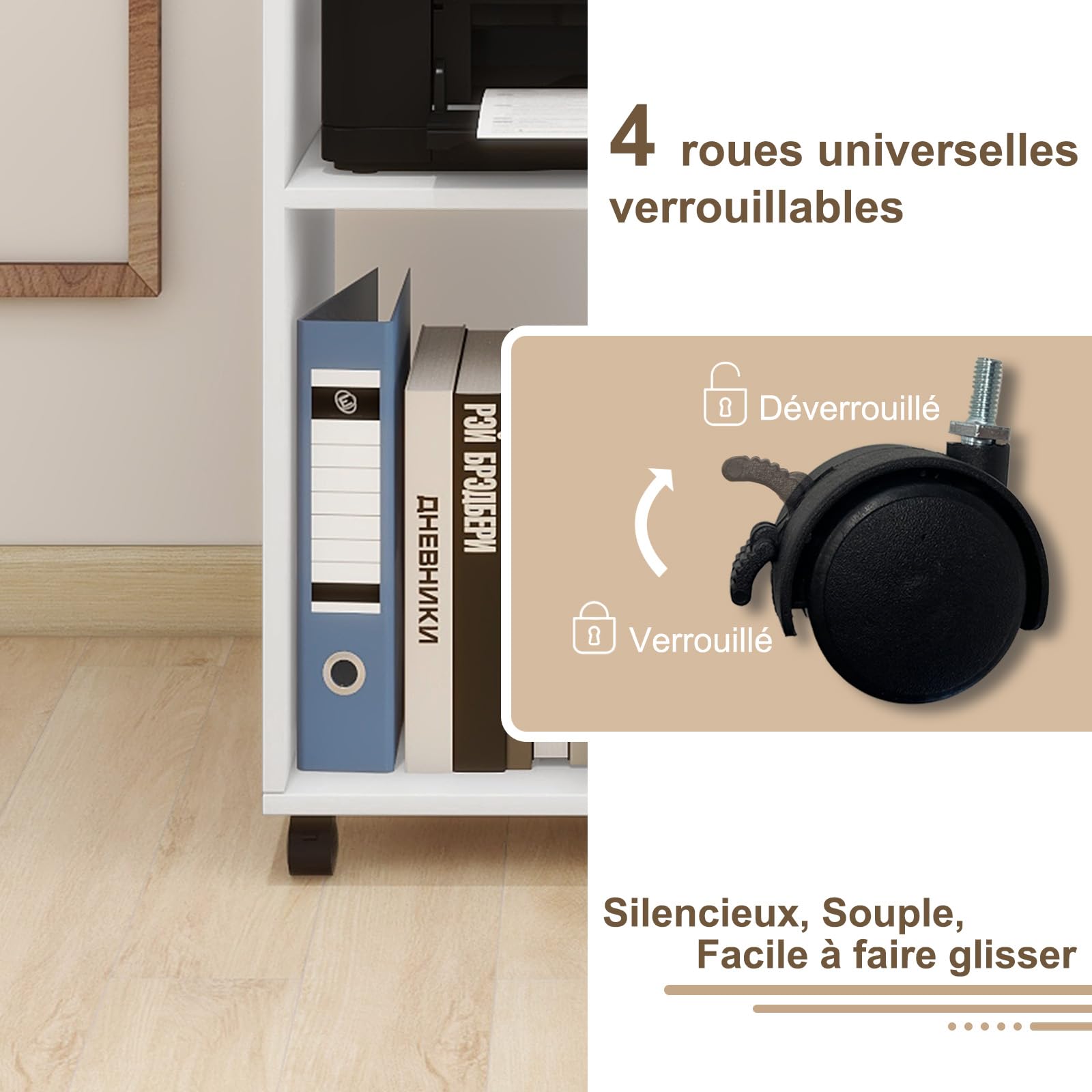 PUNCIA Meuble Imprimante avec Rangement 50x40x75 CM Caisson Bureau (Blanc) | en Bois Support Imprimante Roulettes Meuble Rangement Chariot de Doissier Doucument Chargé 55KG pour Bureau à Domicile