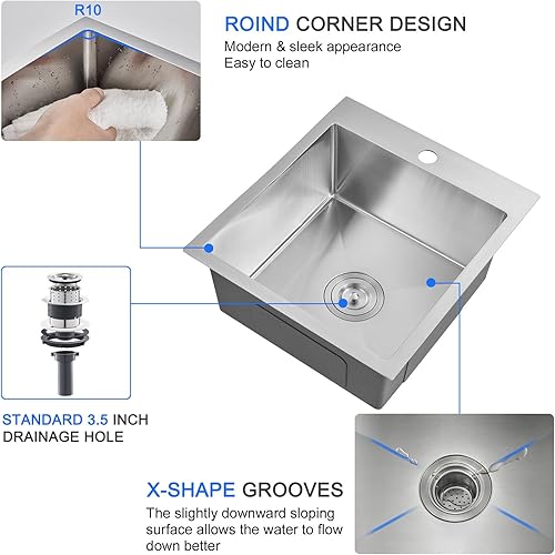Miniatura 6 de MENATT 15 x 17 Pulgadas Fregadero de Barra de Montaje Superior, Fregadero de Cocina de Orificio Único de Grifo Sencillo, Tazón Único, Montaje
