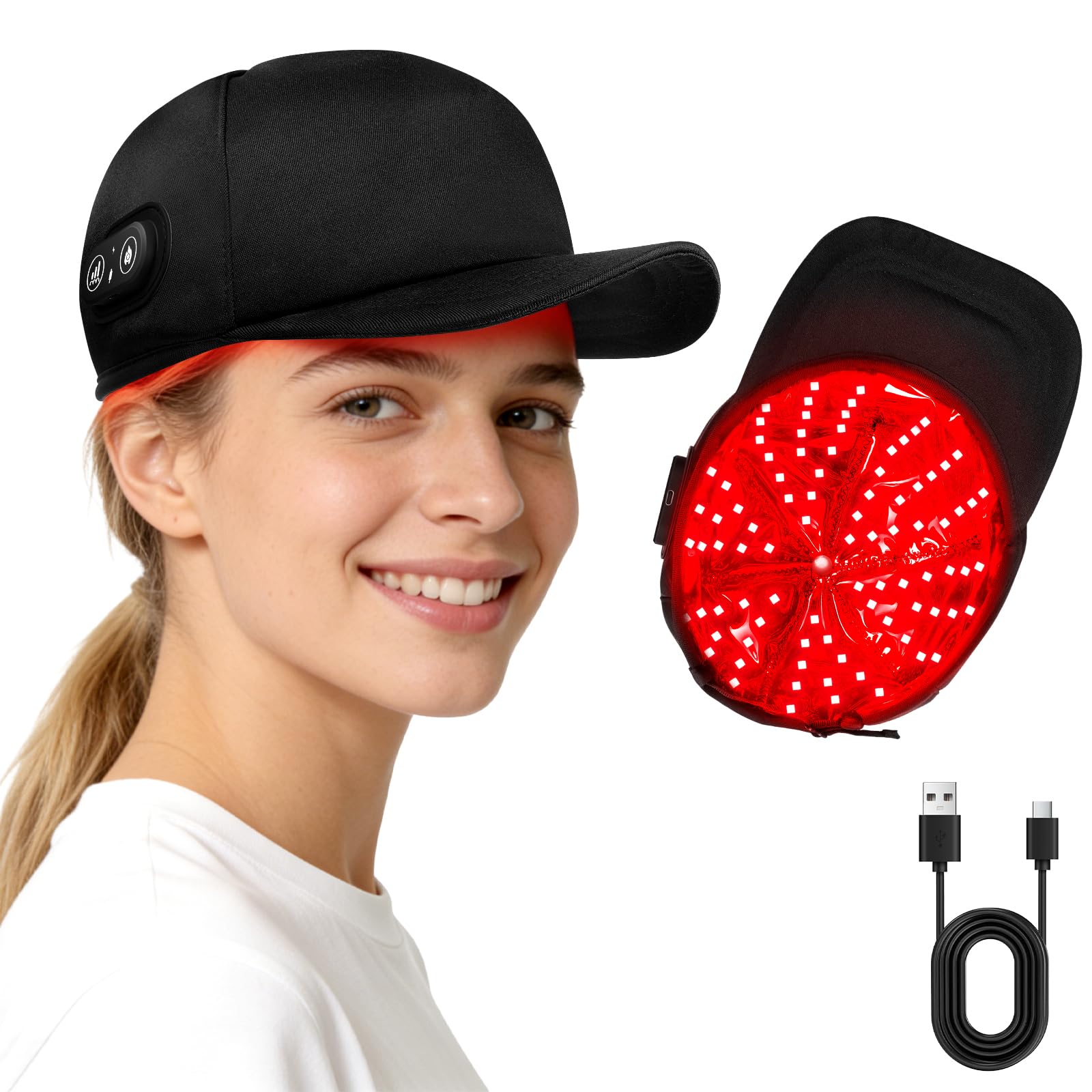 Bonnet de croissance capillaire à lumière rouge avec 216 LED (108x660nm et 108x850nm), rechargeable, avec 3 niveaux de luminosité et 4 modes, arrêt automatique après 20 minutes, pour hommes et femmes