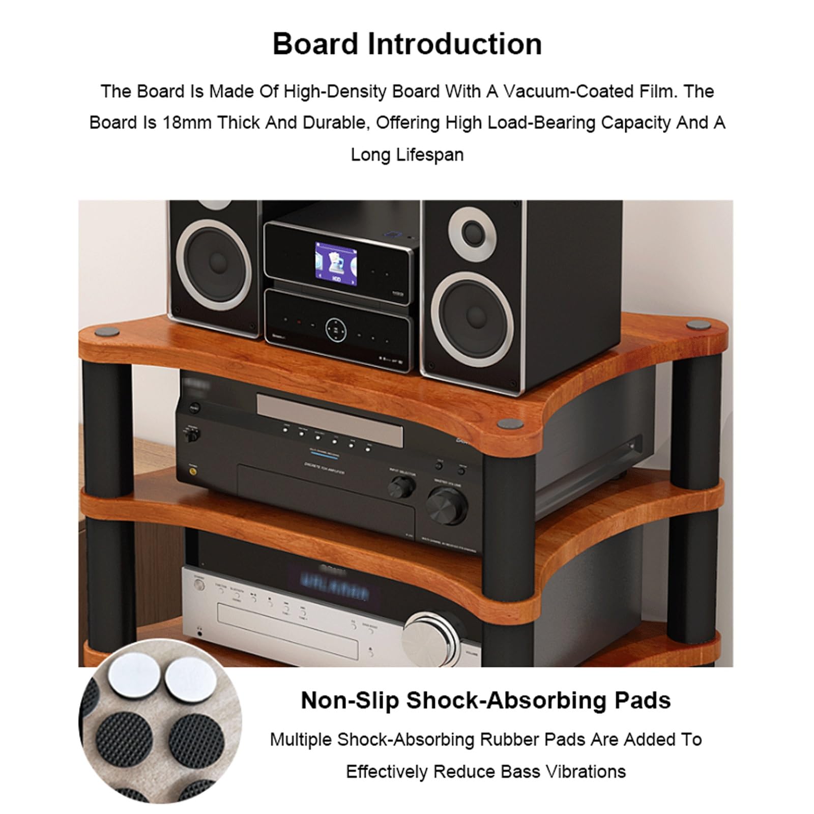 Meuble Hi-FI à 3 Niveaux avec Pieds amortisseurs, Rack Audio-vidéo en Bois pour Platine CD et Vinyle, élégant Meuble de Salon, Finition Noire, Support Robuste pour équipement Audio.