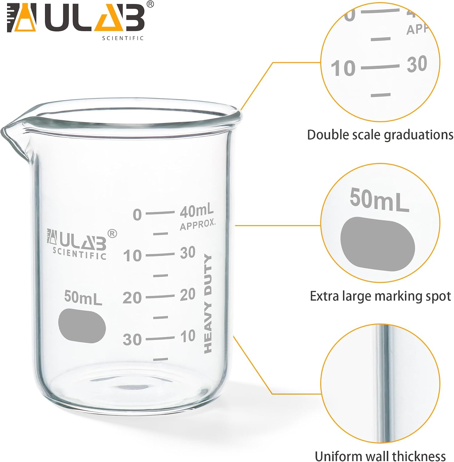 ULAB Glass Beakers Shot Glass, Vol. 50ml, 3.3 Borosilicate Griffin Low form with Printed Graduation, Pack of 4, UBG1019