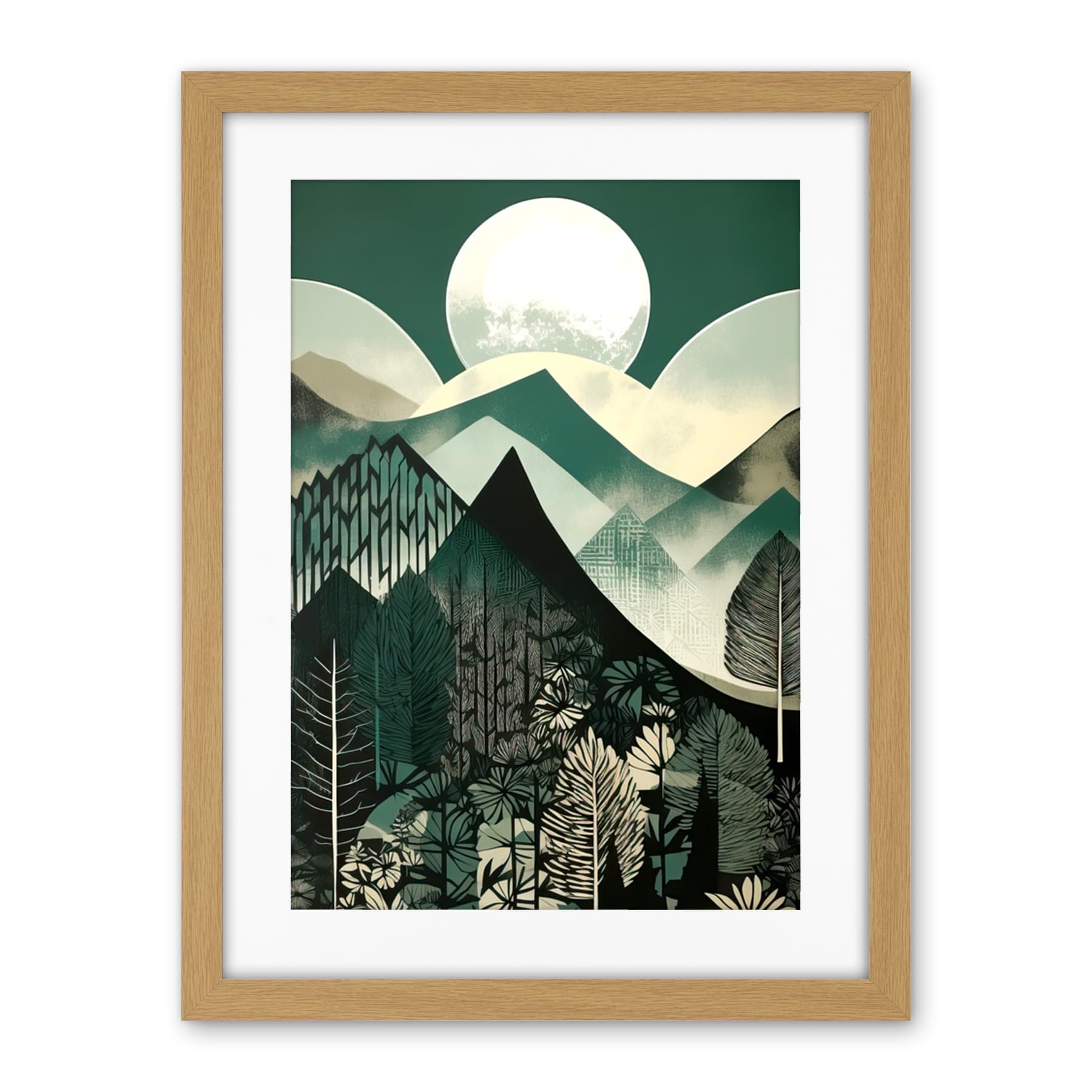 Artery8 Full Moon Over Mountain Forest Linocut Mid Century Sage Green Moonlit Landscape Artwork Framed Wall Art Print 18X24 Inch