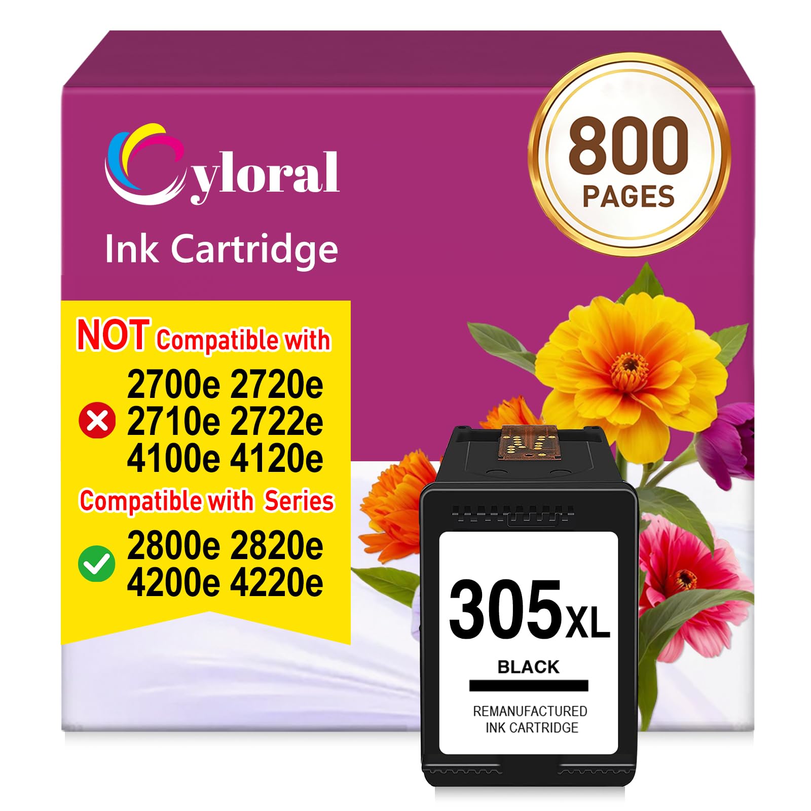 Cyloral 305XL Black Ink Cartridges for HP 305XL DeskJet 2800e 2820e 4220e 4200e 2810e 2821e 2822e 2823e 4210e 4222e 4230e Printer Ink for HP 305 XL Black