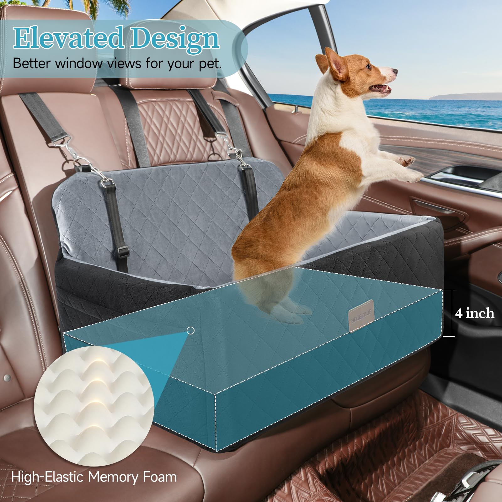 HEGGCOOE - Asiento de coche para perros medianos y grandes, elevador para mascotas <25 kg o 2 perros pequeños, cama de coche extraíble y lavable para asiento trasero