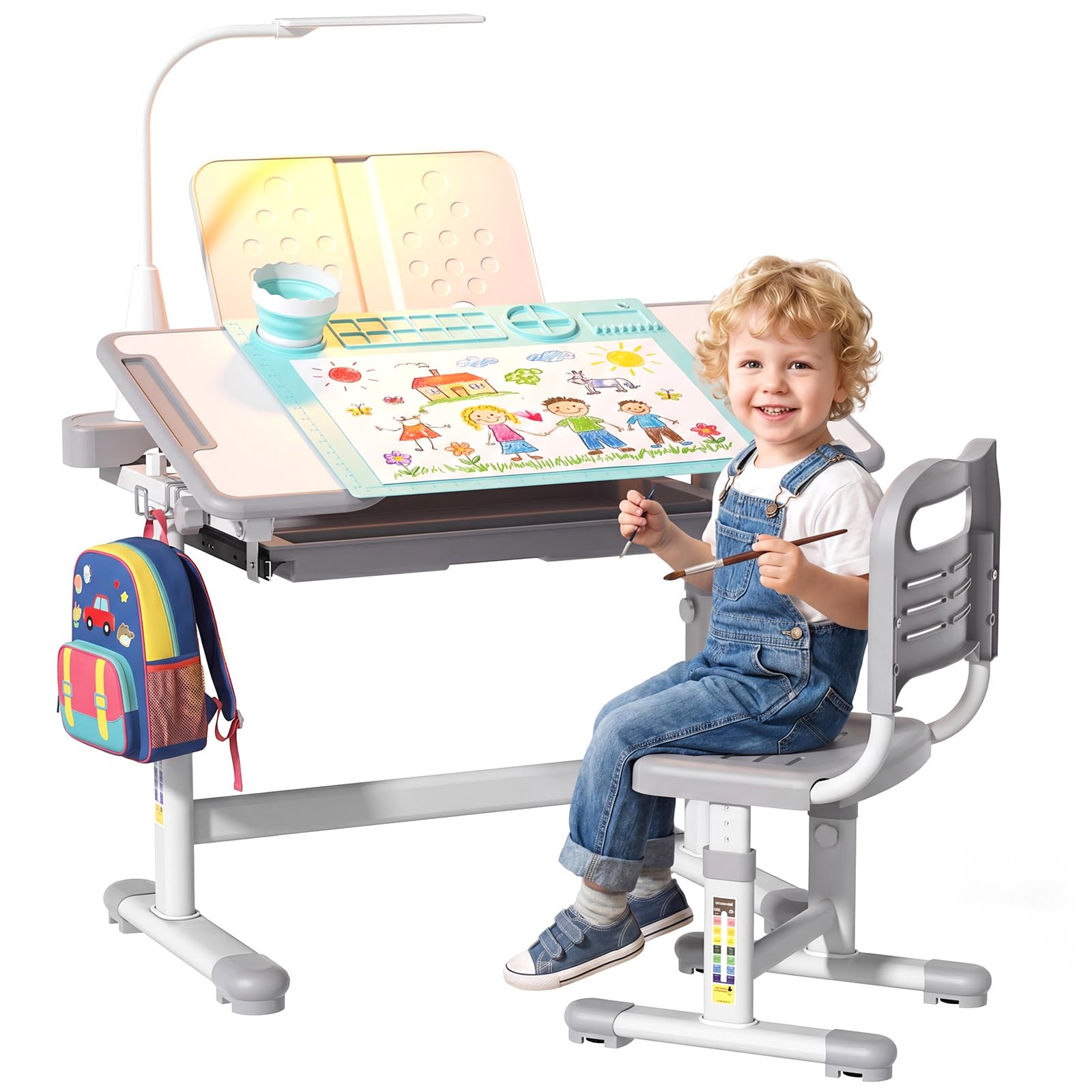 BIERUM Kids Desk and Chair Set, Height Adjustable Study Table for Ages 3-12
