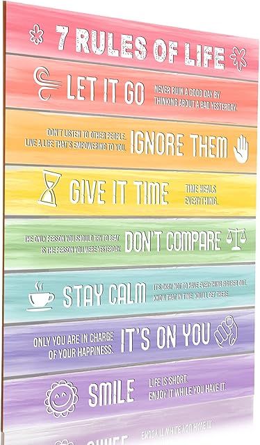 7 Rules of Life Motivational Quotes Poster 13.8 x 11 Inches Wooden Inspirational Poster Vintage Wall Decor for Home Office College Dorm Classroom Gym School Decor (Fresh Colors)
