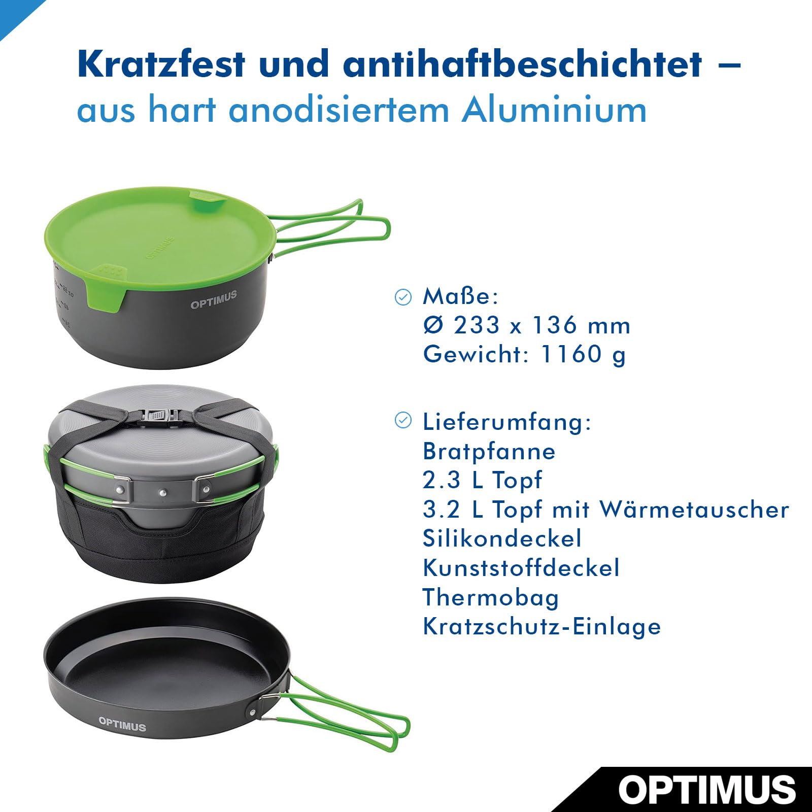 Optimus Terra Camp 4 Kochset – 7-teiliges Outdoor-Kochgeschirr mit Wärmetauscher, Thermobag & Antihaftbeschichtung | Für 2–4 Personen | 1160 g | Ø 233 × 136 mm