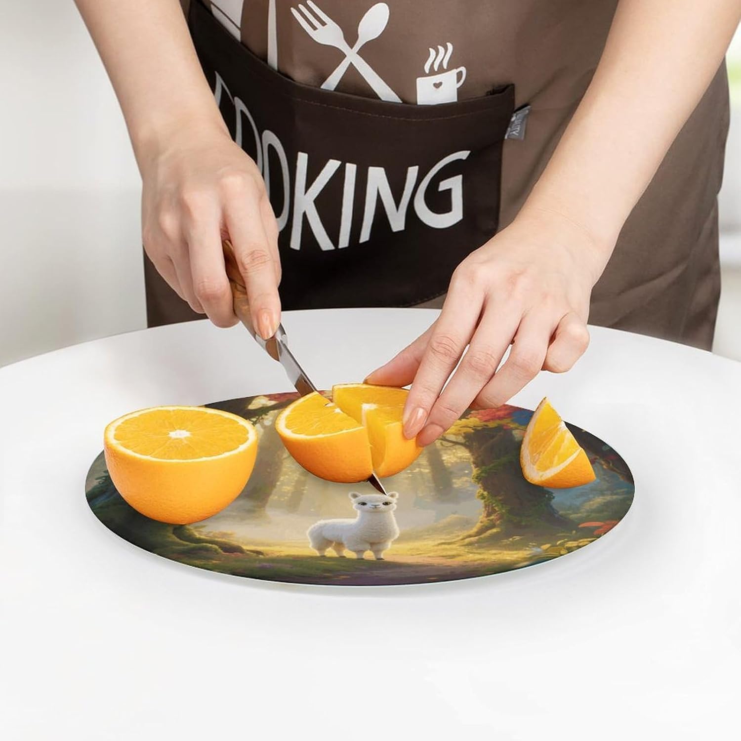 Llamazing Forest Tempered Glass Cutting Board Sturdy Chopping Block Personalized Large Butcher Block Lightweight Round Chopping Mat for Kitchen Non Slip