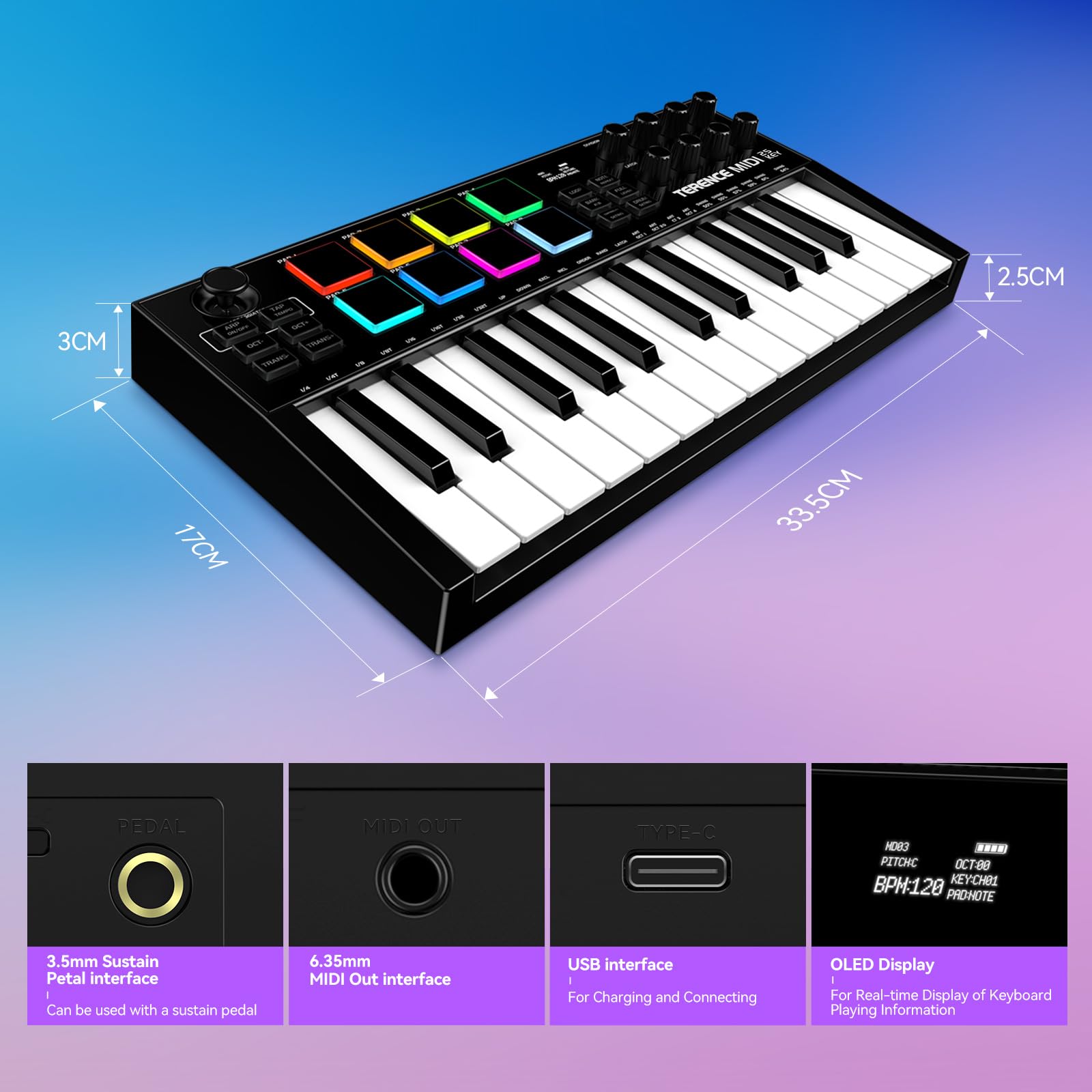 TERENCE Clavier contrôleur MIDI professionnel 25 touches, batterie 500 mAh, 8 coussinets RVB, bouton sans fin à 360°, 8 boutons assignables, écran OLED pour plusieurs DAW et appareils