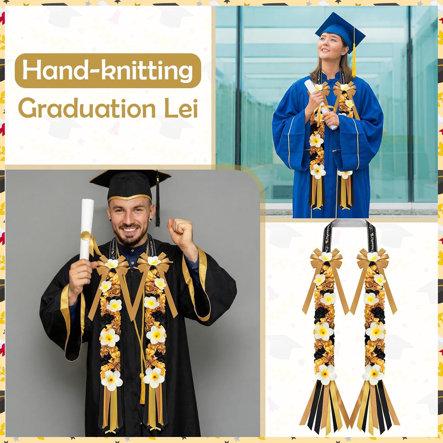 Suncalla Plumeria Graduation Lei 2026 Black Gold Hawaiian Ribbon Graduation Braided Lei with Flowers for Adults Class of 2026 School College Student Congrats Grad Gifts Party Accessories