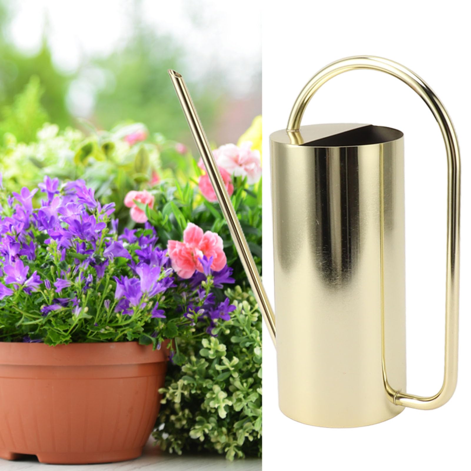 Qcwwy Edelstahl-Gießkanne, 1500 Ml, Langer Auslauf, Langlebig, Elegantes Design, für den Innen- und Außenbereich (Goldfarben)