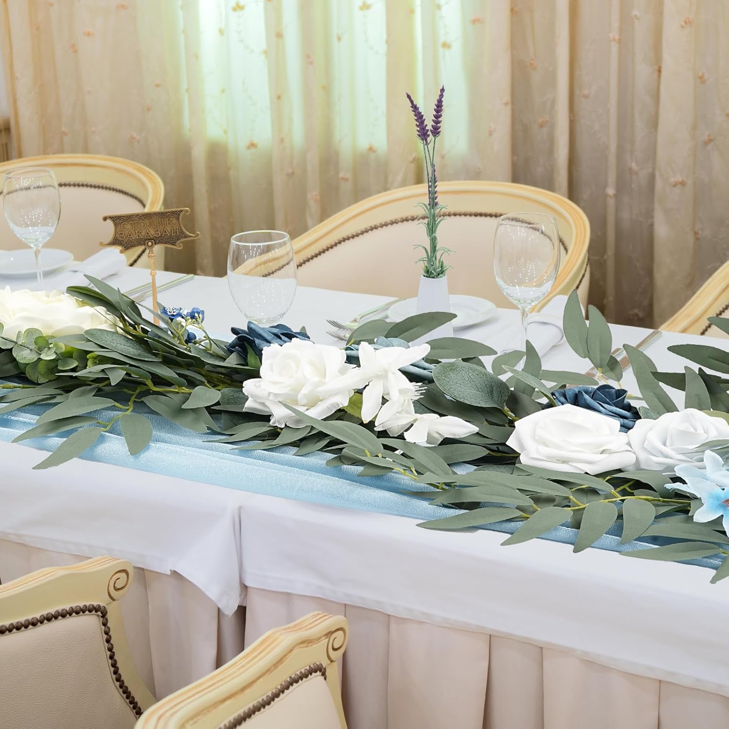 Dusty Blue Flowers Wedding Table Decor - Table Runner & Arch Backdrop with Eucalyptus & Blue Floral Garland