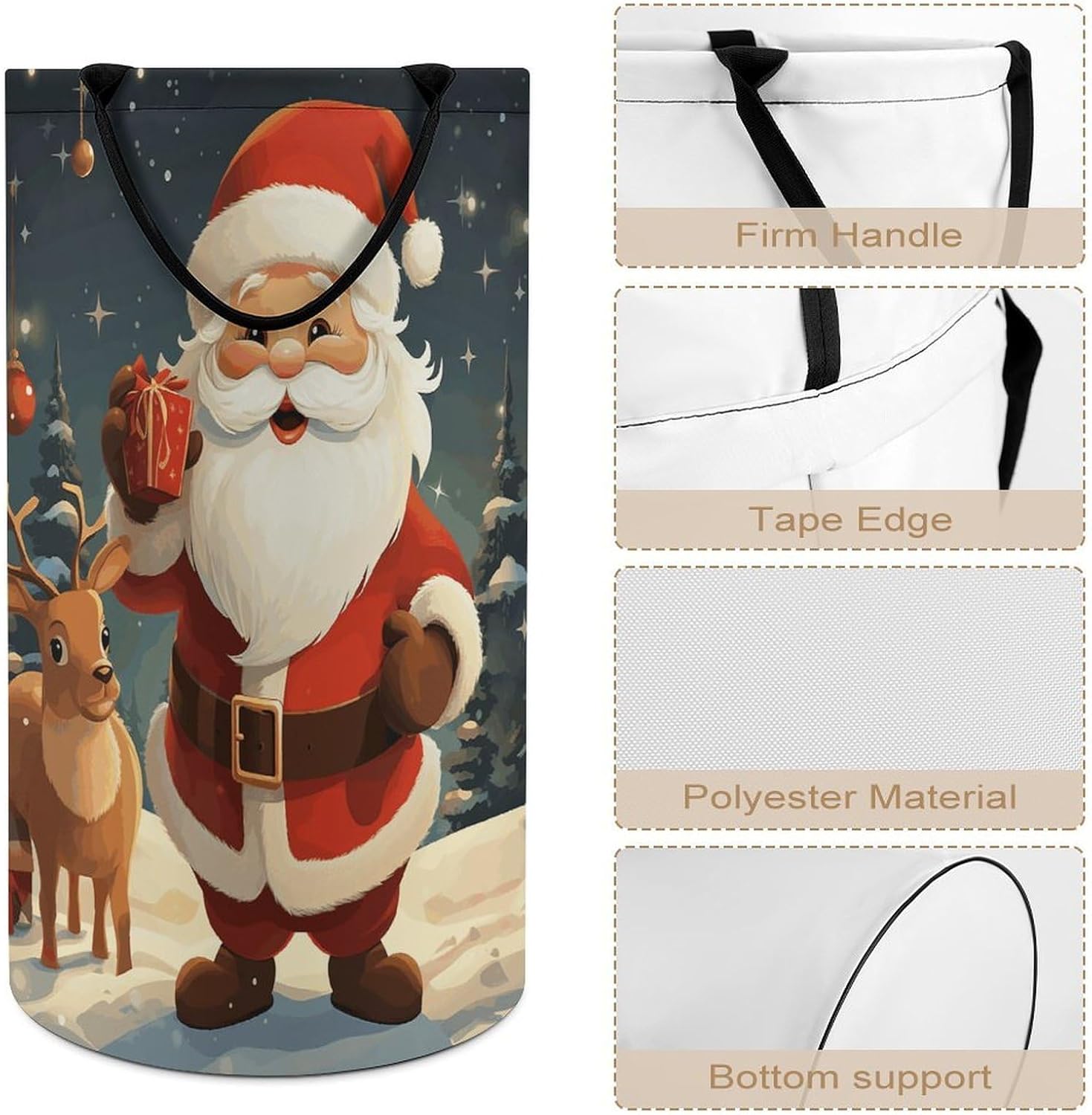 Christmas Santa Claus Large Laundry Basket with Hand Strap,Dirty Clothes Storage Bag, Easy Carry Laundry Hamper for Bathroom Bedroom Laundry Room
