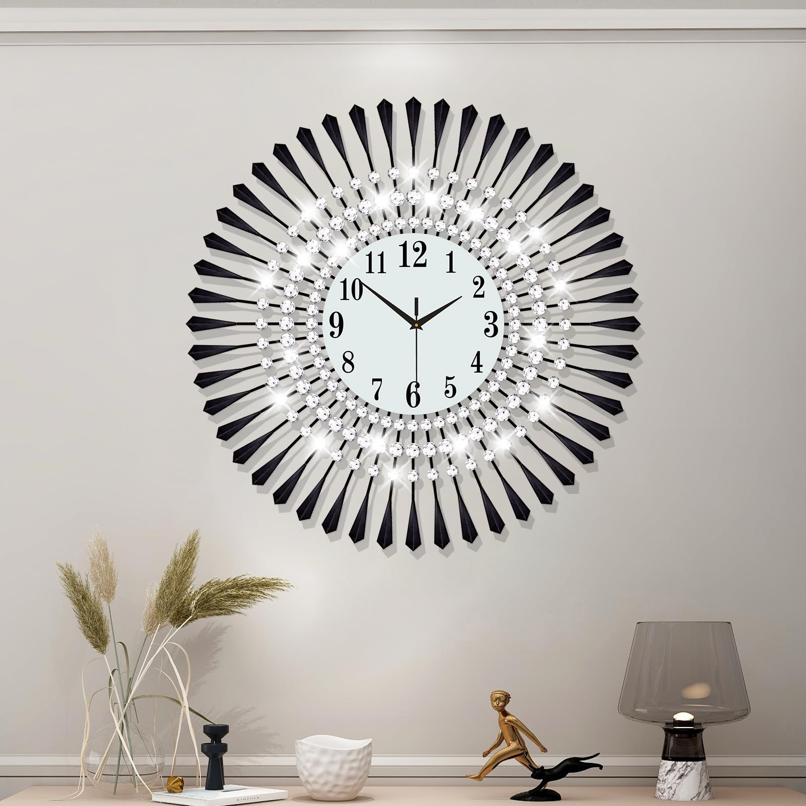 YIJIDECOR Large Wall Clocks for Living Room Decor Big Modern Silent Wall Clocks Non-Ticking for Bedroom Office Kitchen Home Decorative 24Inch Round Crystal Black Clock Wall Art Decor for Indoor House