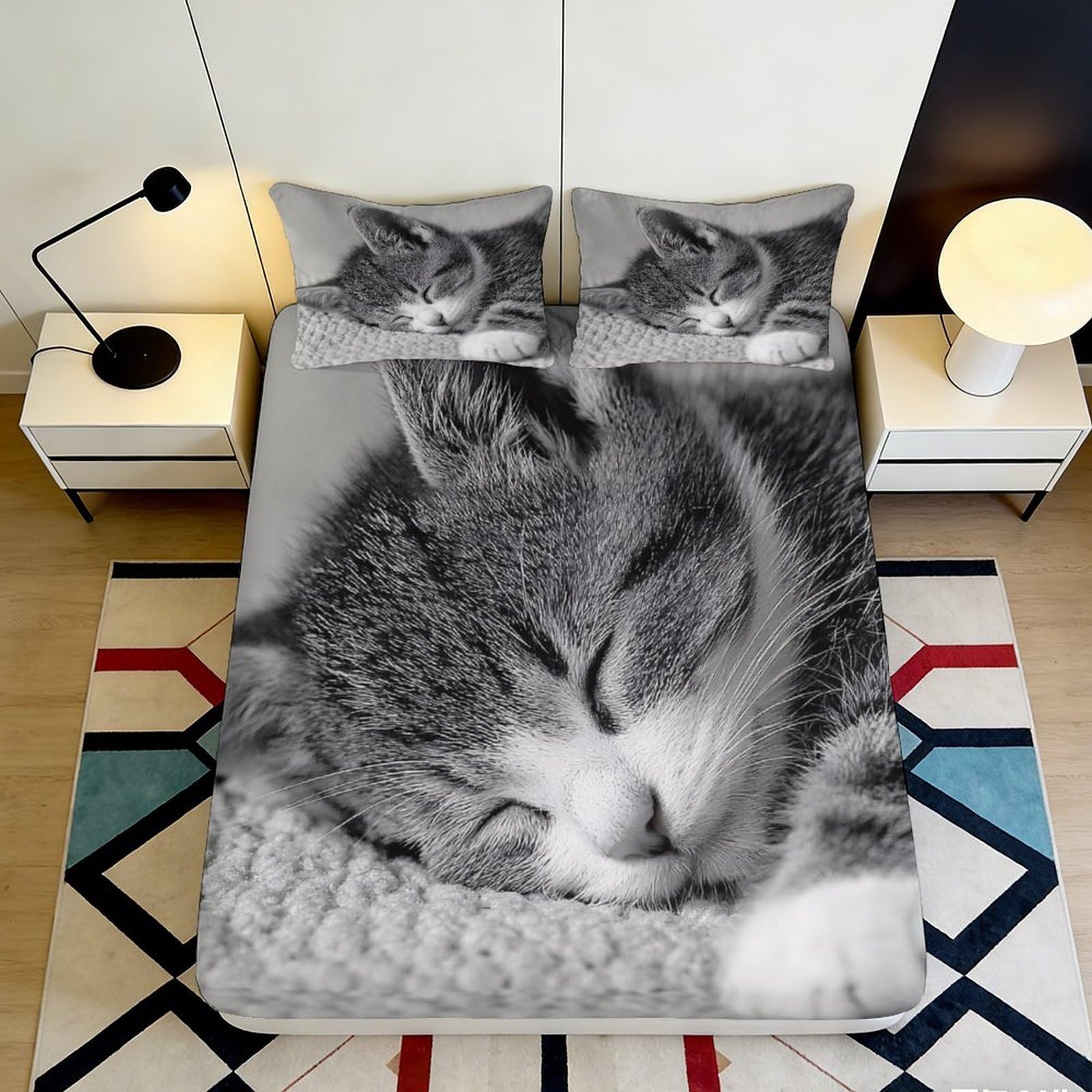 3D Printed Sleeping Cat Fitted Sheet Microfiber Soft Grey Kitten Bed Cover for Bedroom Dorm Home Mattress Protection 90x200x25cm