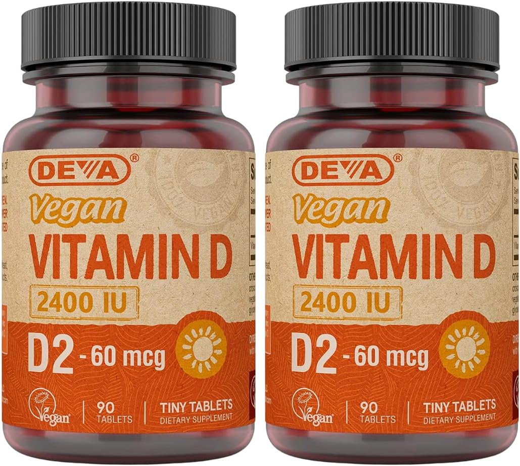 DEVA Vegan Vitamin D2 60 mcg 2400 IU, Ergocalciferol Supplement with No Animal Ingredients, 90 Tablets (Pack of 2) DEVA Vegan Vitamin D2 60 mcg 2400 IU, Ergocalciferol Supplement with No Animal Ingredients, 90 Tablets (Pack of 2)