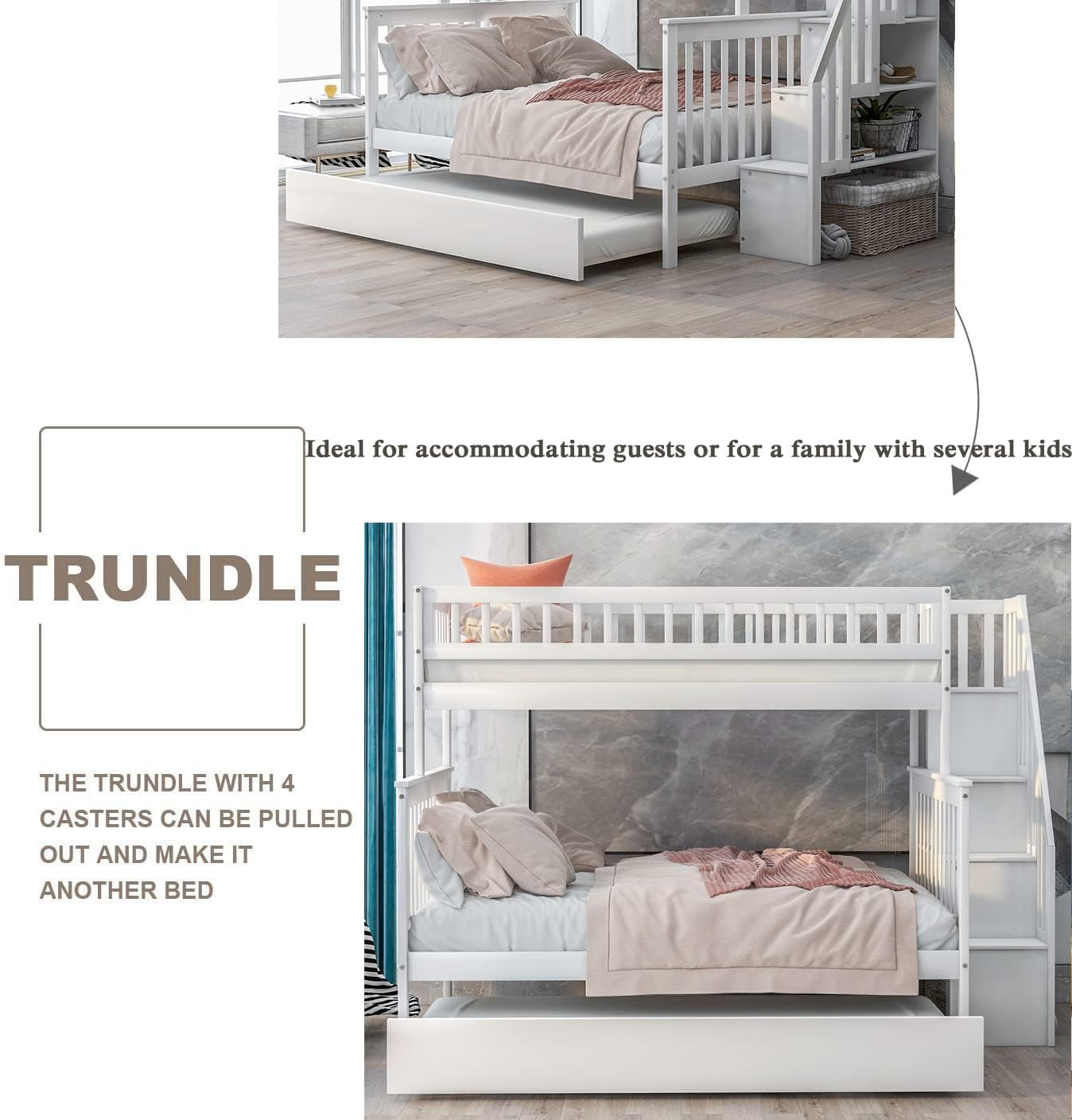 Baysitone Bunk Bed, Bunk Beds Twin Over Full Size, Bunk Bed with Trundle and Stairs, Solid Wood Bunk Bed Frame with 4 Storage for Kids, Girls, Boys, Toddler, No Box Spring Needed (Beige)
