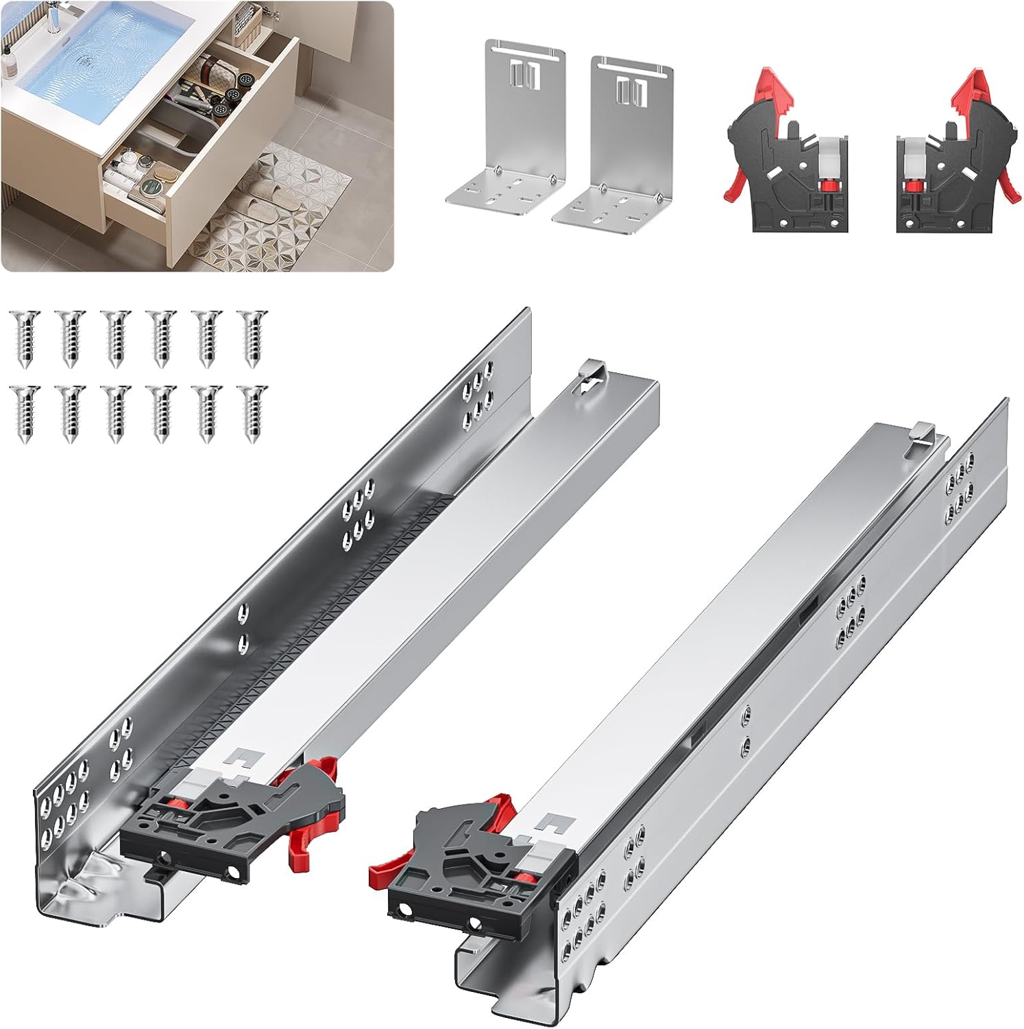 12 15 18 21 24 Inch Bottom Mount Soft Close Drawer Slides - Full Extension Concealed Rails Track - 80 lb Load Capacity - 1 Pair (Soft Close with Bracket，15 Inch)