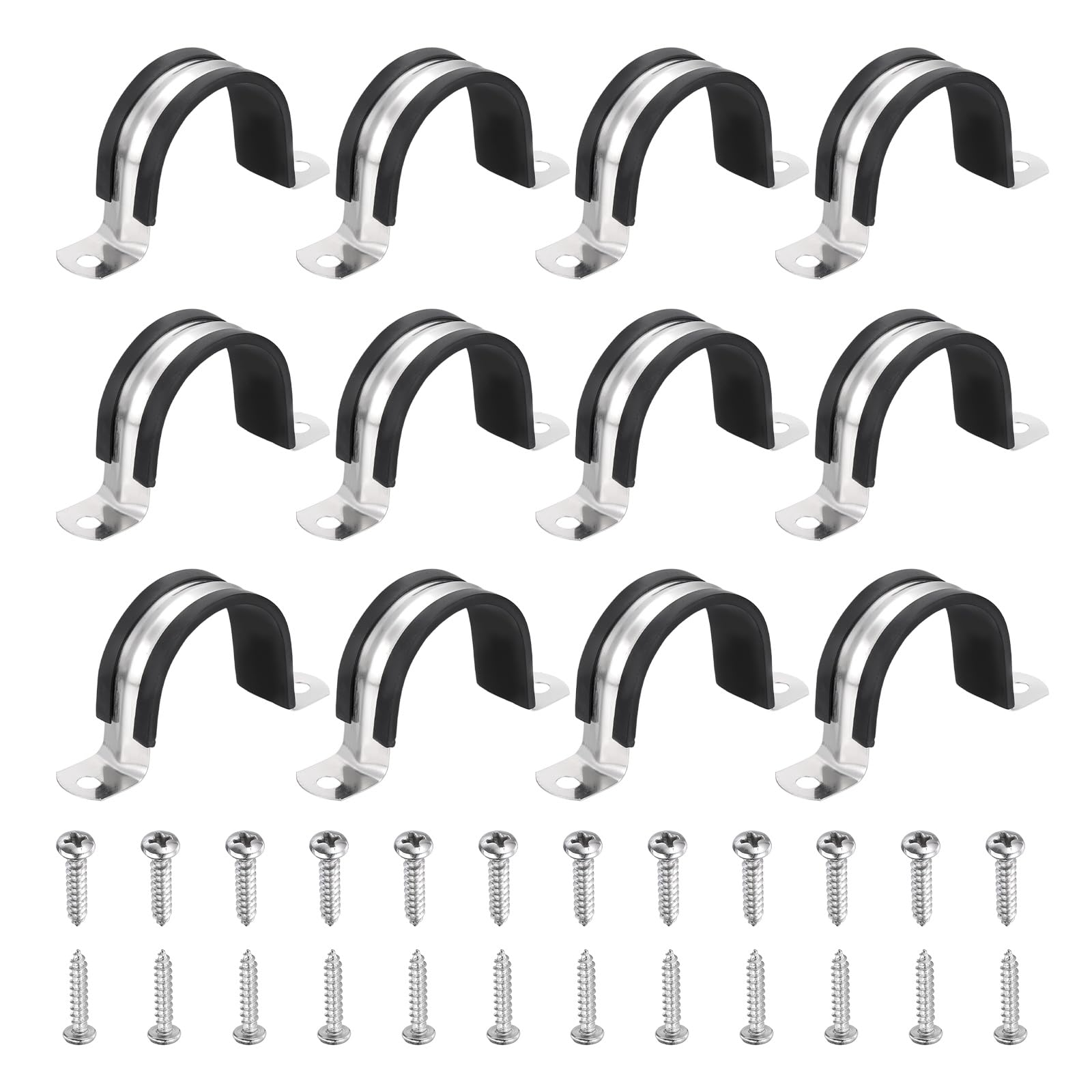 sourcing map 12Pcs 42mm Pipe Clips, 304 Stainless Steel Rubber Coated Cushion Pipe Strap Clamp U-Shaped Bracket with M3x142mm Screws for Tube Hose Cable Installation, Black — image 1